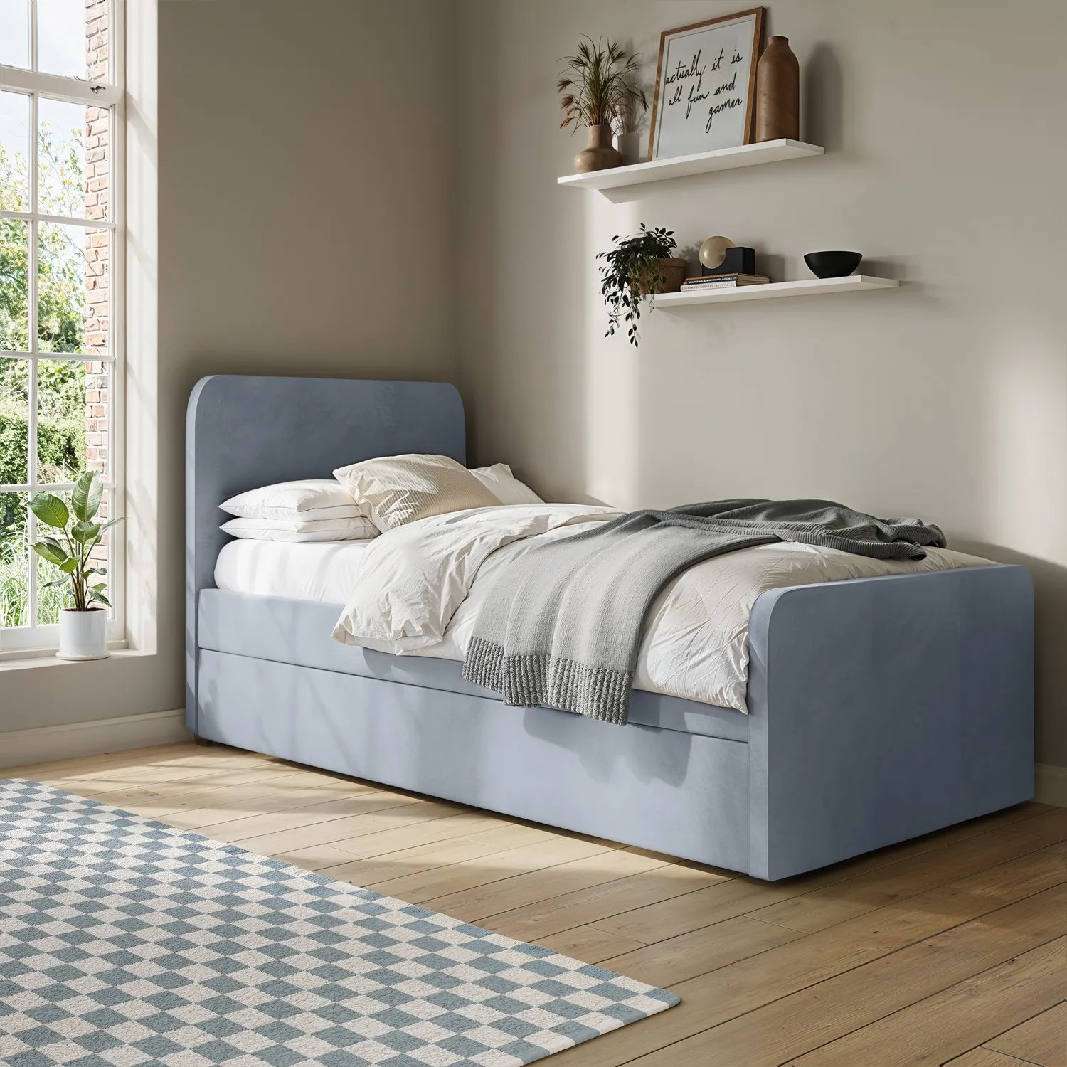 Single Guest Bed with Trundle - Blue, Velvet alternate view