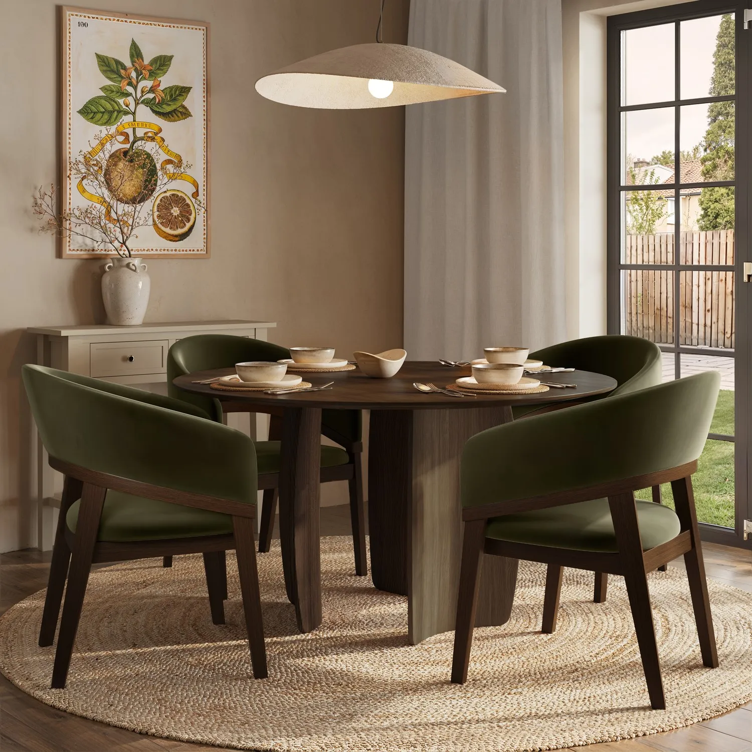 Round Dining Table Set with 4 Velvet Chairs - Brown, Walnut Veneer product