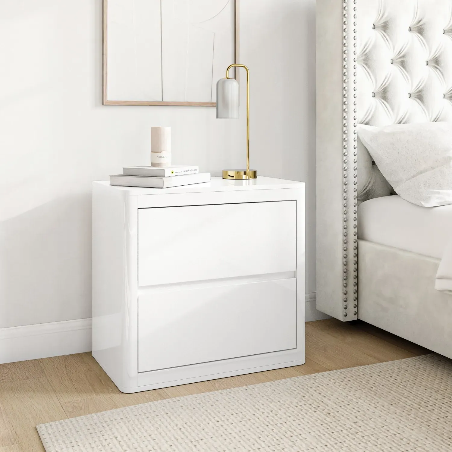 2 Drawer Bedside Table with Curved Edges - White, High Gloss product