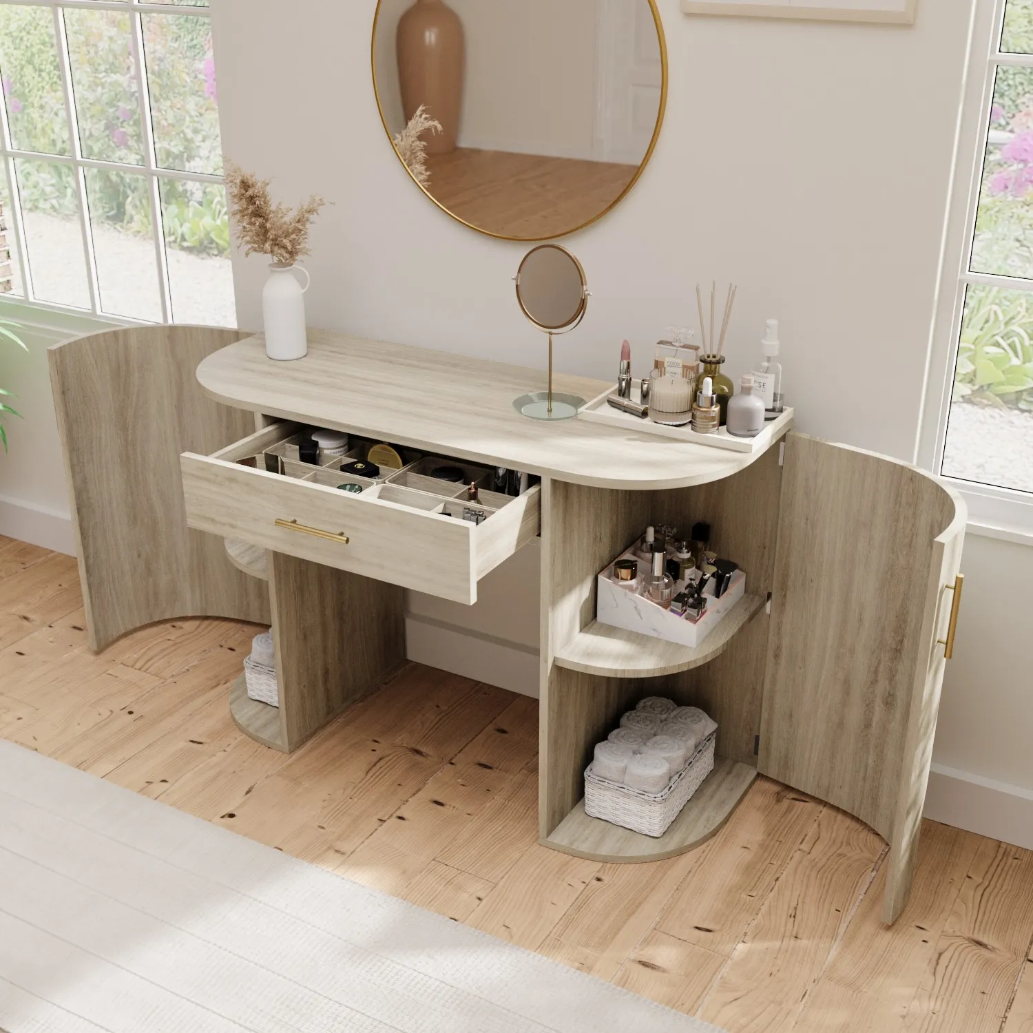 Large Dressing Table with Storage Drawer and Shelves - Brown, Wood Effect alternate view
