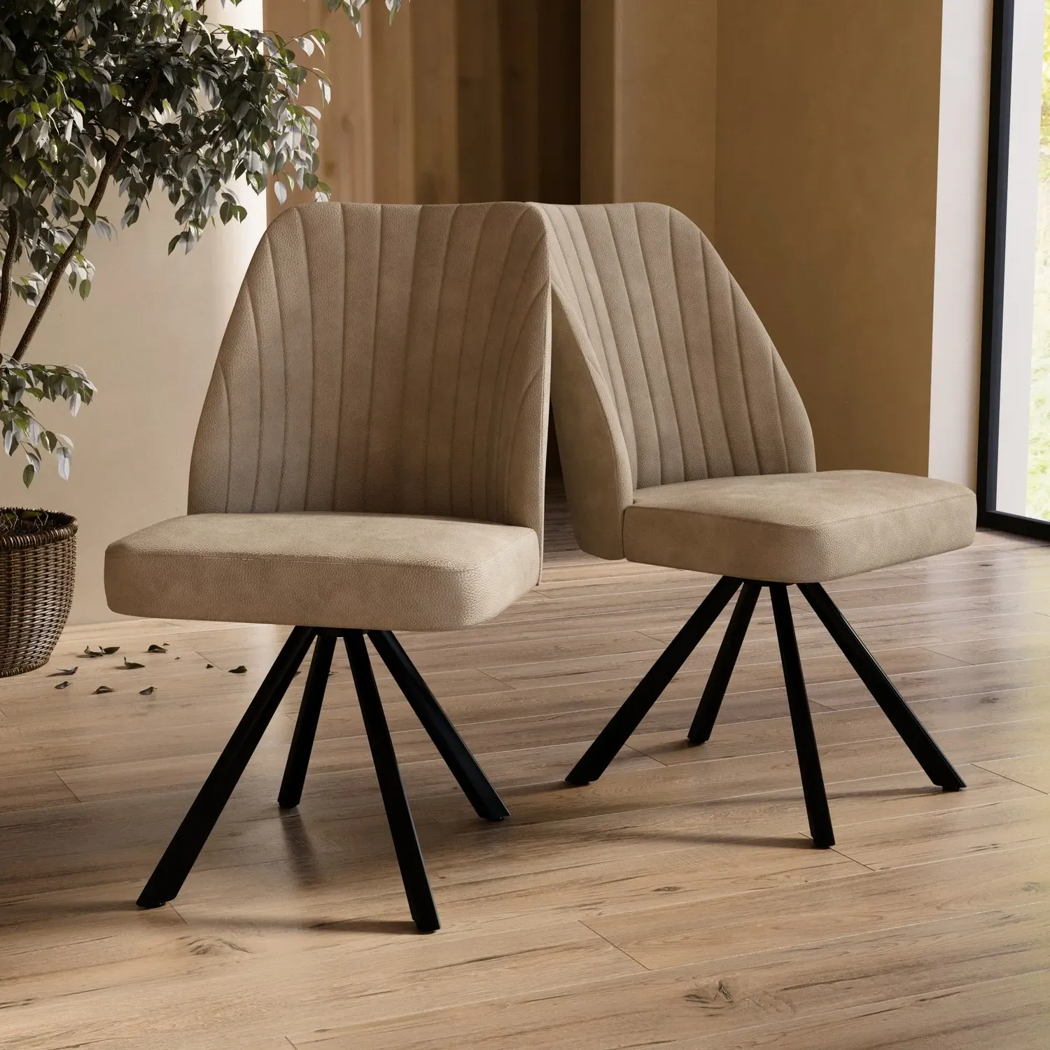 Set of 2 Swivel Dining Chairs with Stitched Detail - Beige, Faux Leather product
