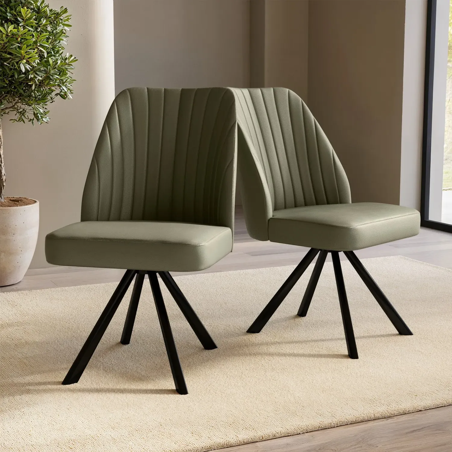 Set of 2 Swivel Dining Chairs with Vertical Stitching - Sage Green, Faux Leather product