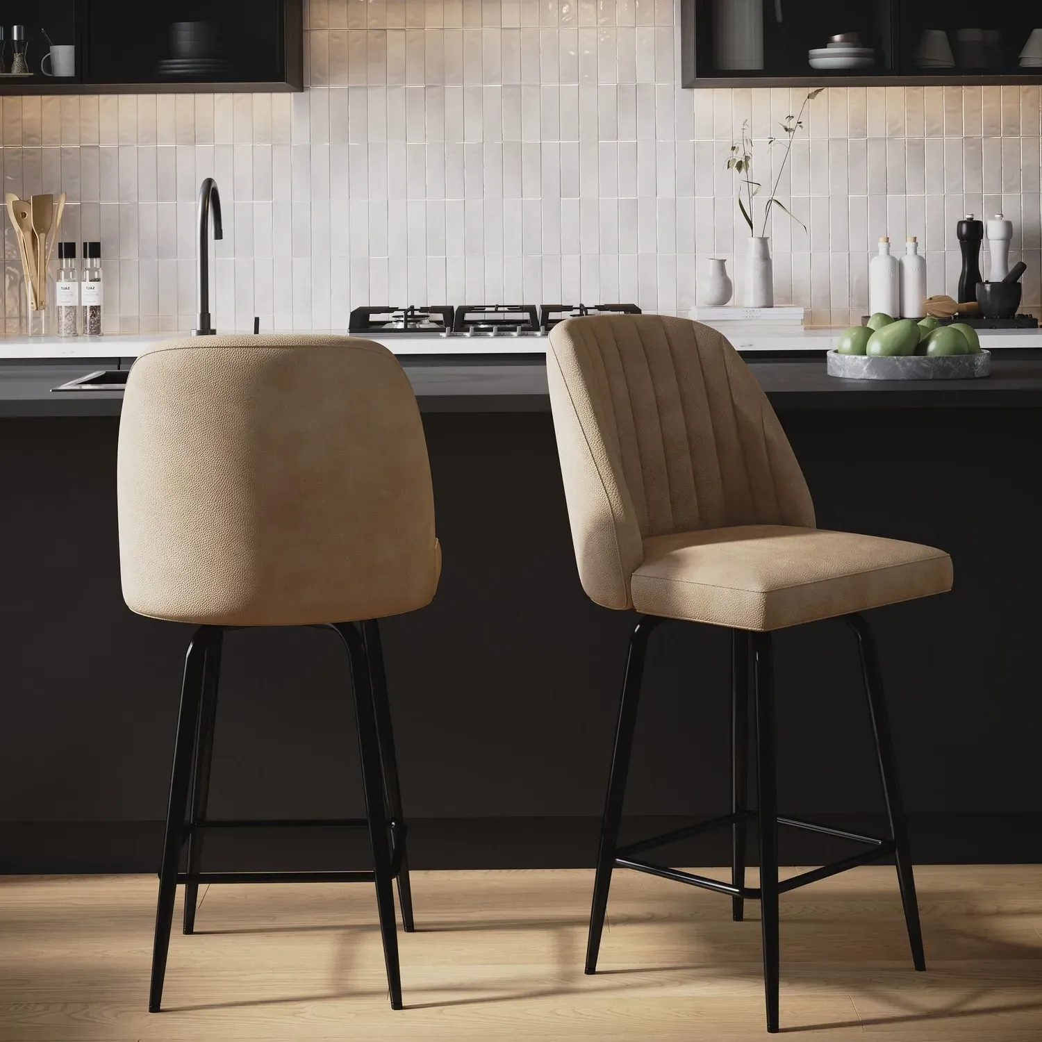 Set of 2 Swivel Kitchen Stools - Beige, Faux Leather product