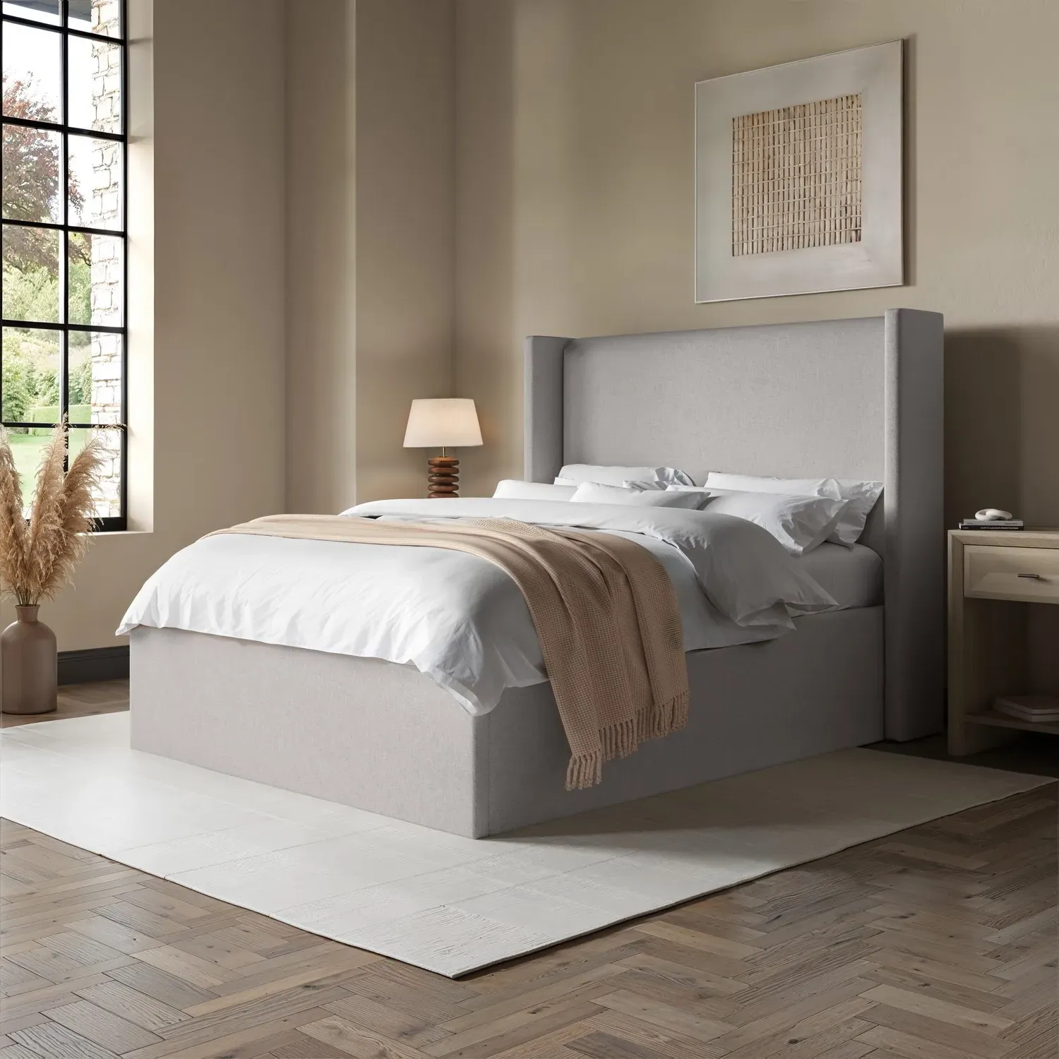 Small Double Ottoman Bed with Winged Headboard - Grey, Chenille alternate view