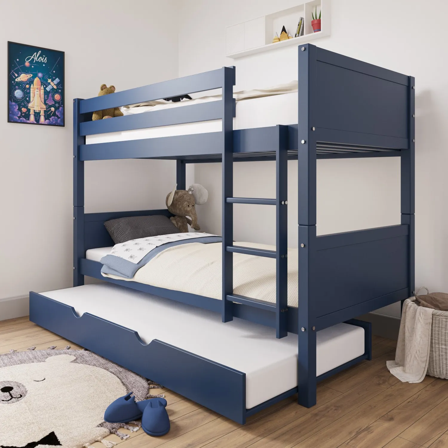Detachable Bunk Bed with Trundle - Navy Blue, Solid Pine product