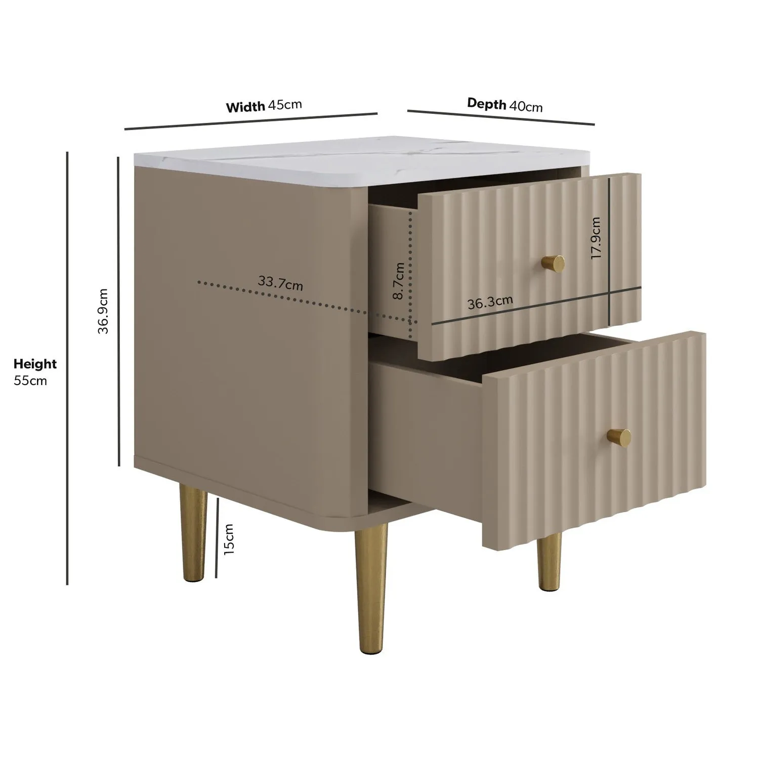 Lucia 2-Drawer Bedside Table Fluted - Taupe, Marble Effect alternate view