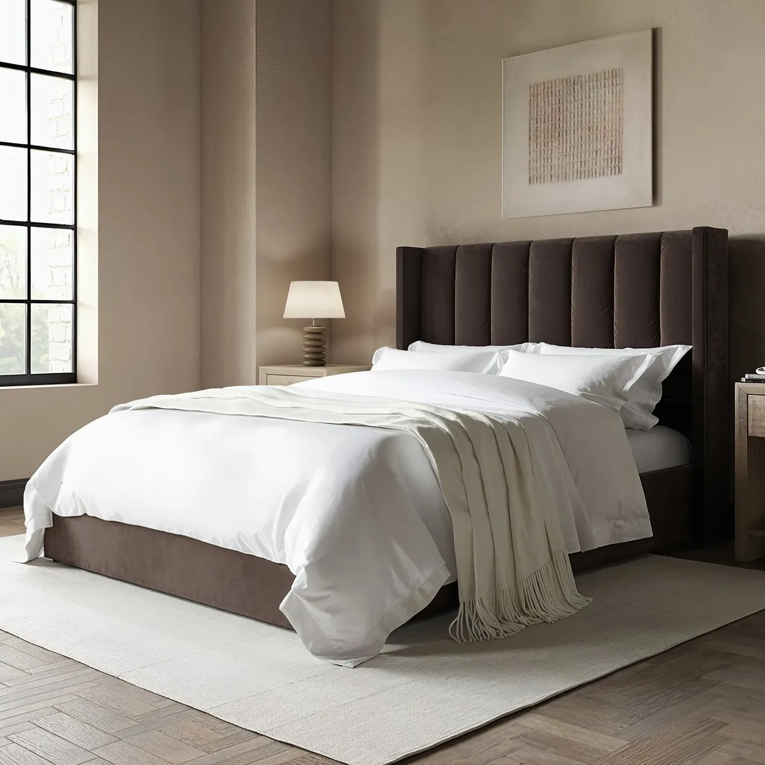 Maddox Double Ottoman Bed with Winged Headboard - Brown, Velvet product