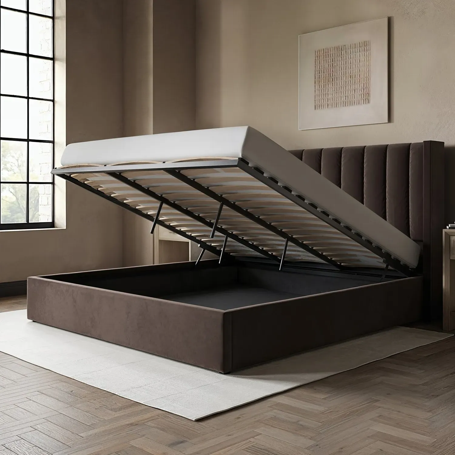 Maddox Super King Ottoman Bed with Storage - Chocolate Brown, Velvet alternate view