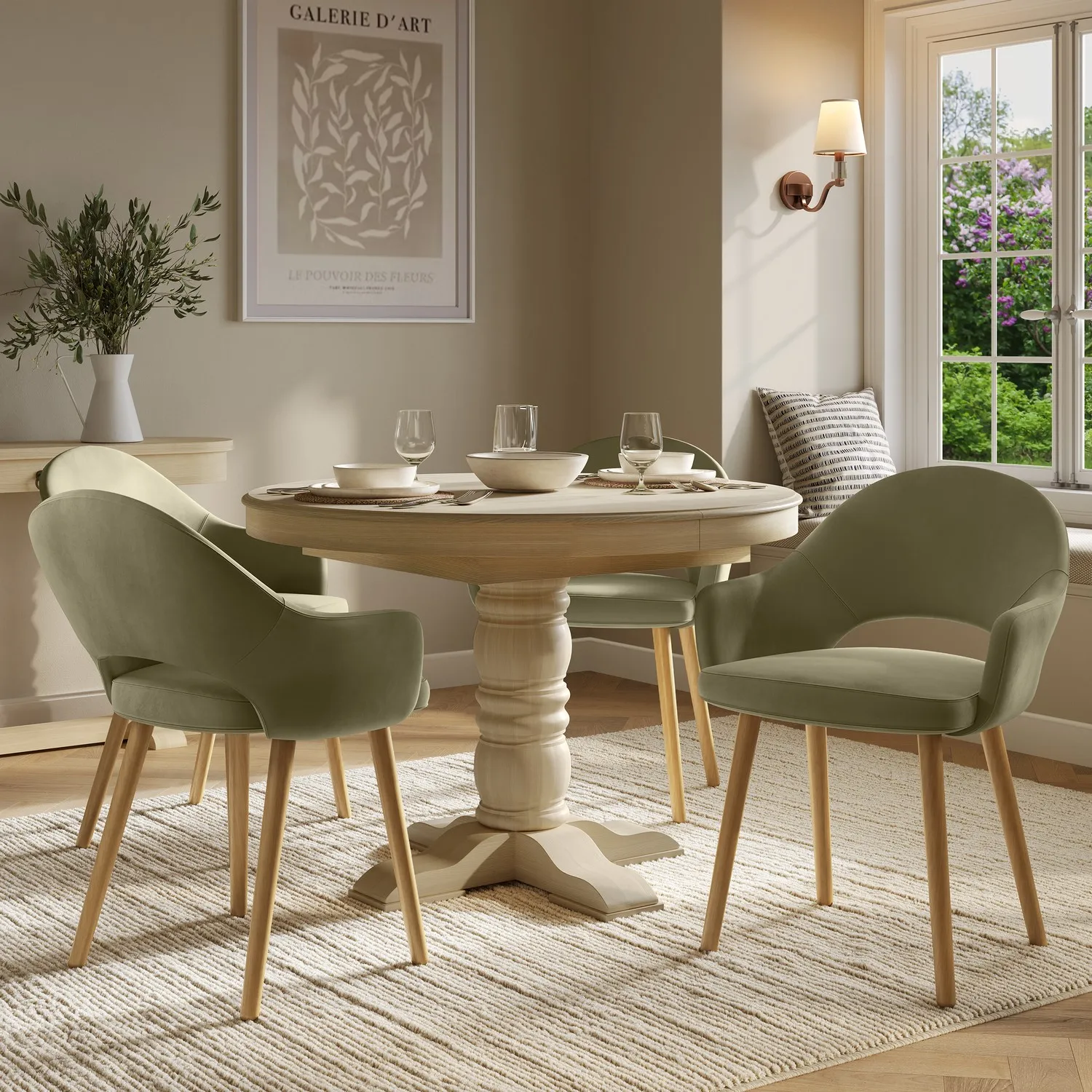 Madeline Round Extendable Dining Table Set with 4 Chairs - Sage Green, Solid Pine product