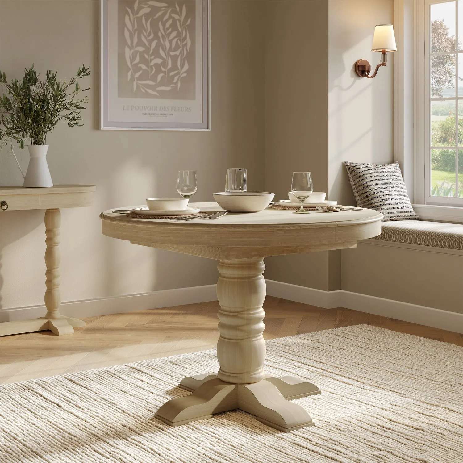 Madeline Round Extendable Pedestal Dining Table - Brown, Solid Pine product
