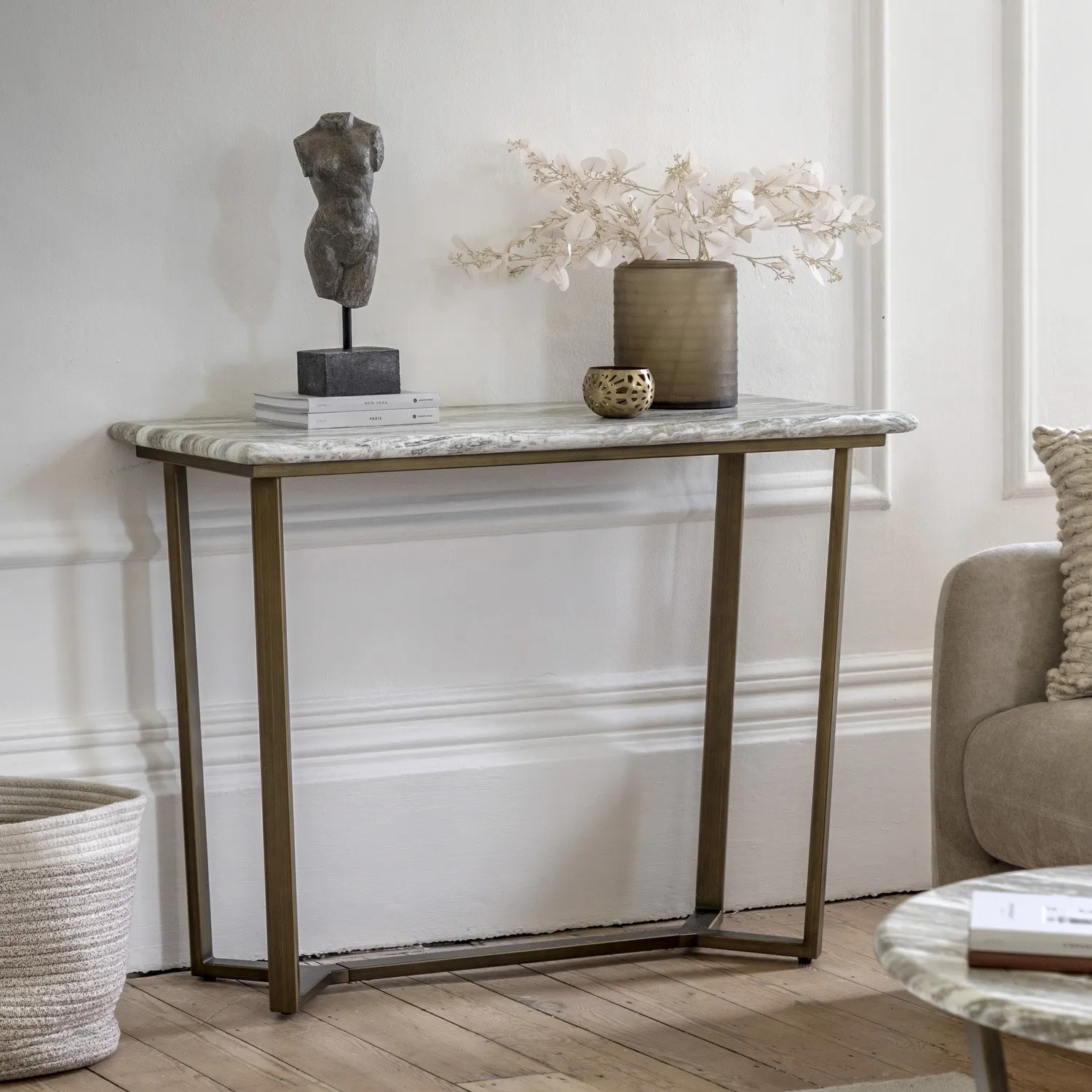 marble-effect-green-round-console-table-with-brass-legs-lusso-caspian-house image