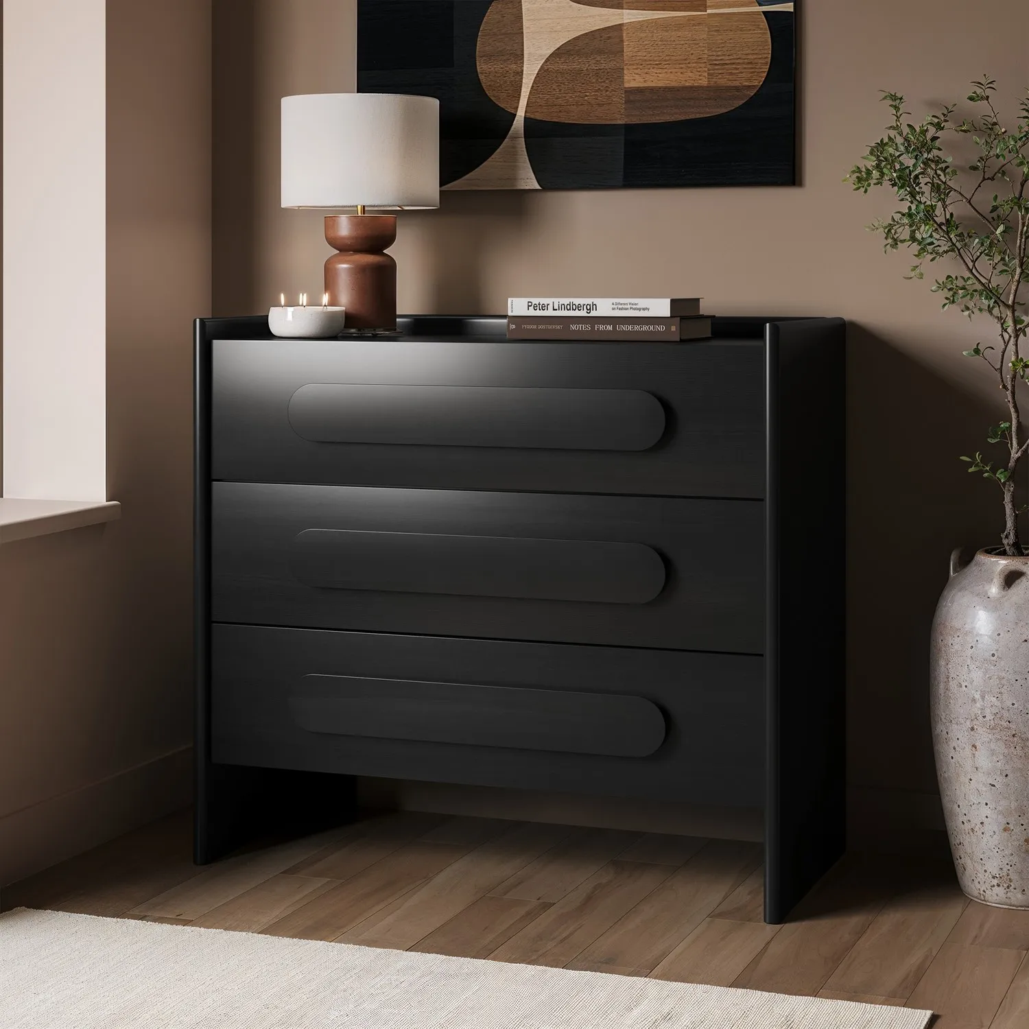 Margot Wide 3 Drawer Chest of Drawers - Black, Pine alternate view