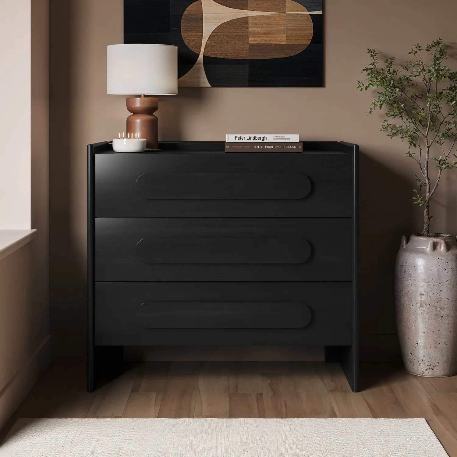 Margot Wide 3 Drawer Chest of Drawers - Black, Pine product
