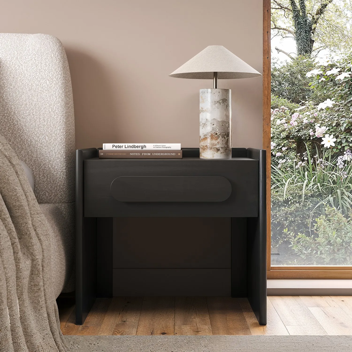Wide 1 Drawer Bedside Table - Black, Solid Pine alternate view