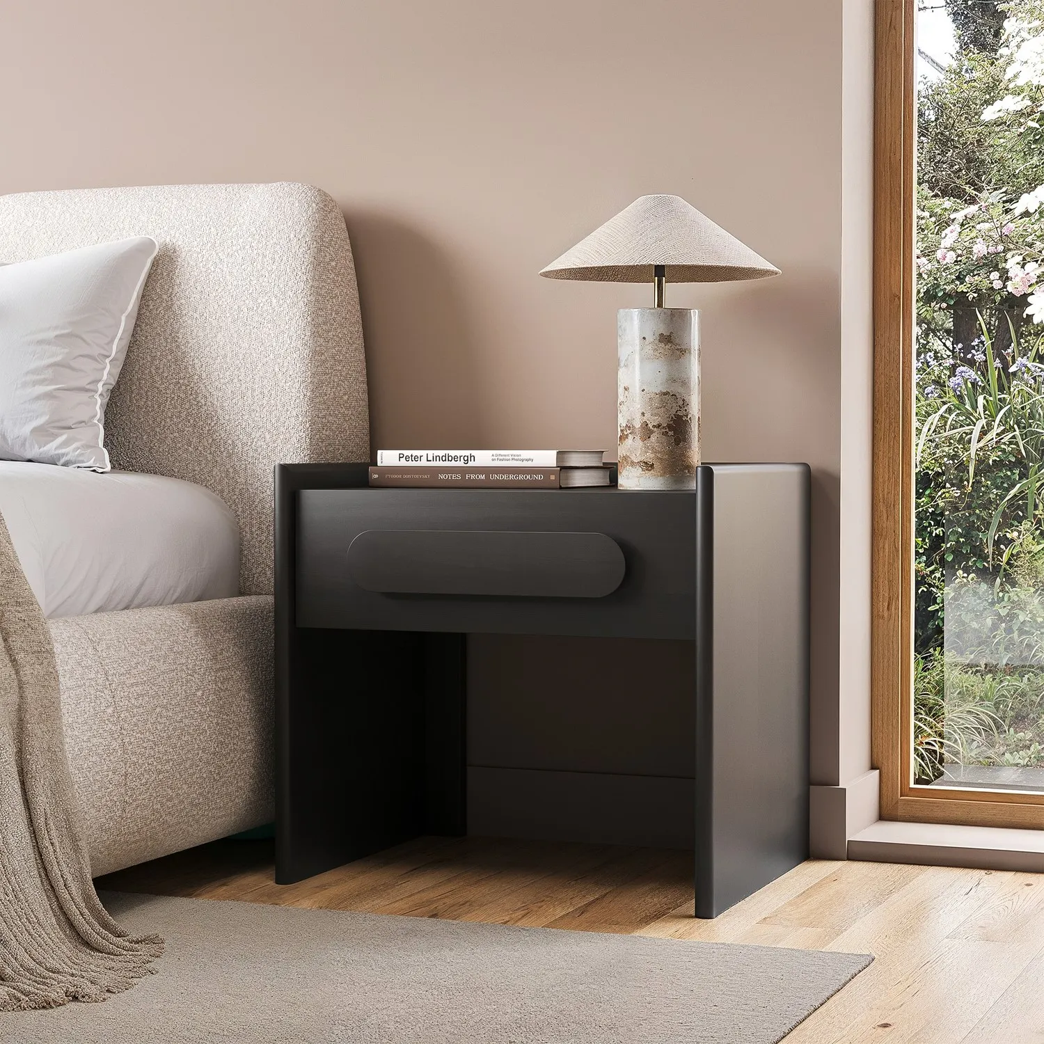 Wide 1 Drawer Bedside Table - Black, Solid Pine product