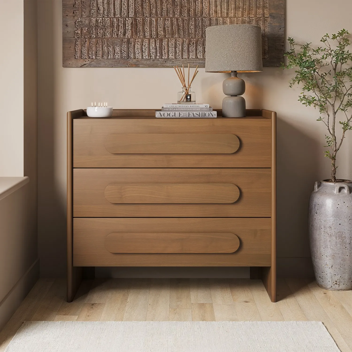 Wide 3 Drawer Chest of Drawers - Dark Wood, Pine product