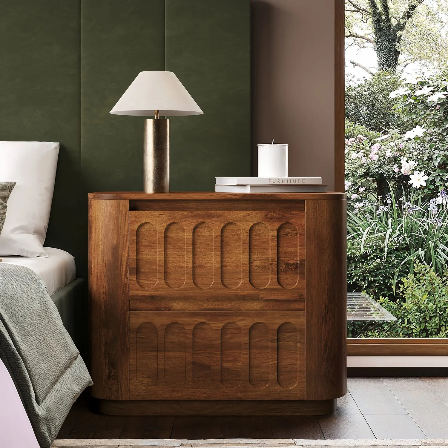 Wide Curved 2-Drawer Bedside Table - Dark Brown, Mango Wood alternate view