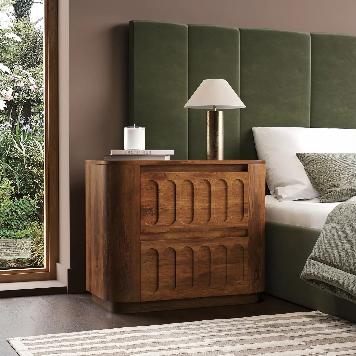 Wide Curved 2-Drawer Bedside Table - Dark Brown, Mango Wood product