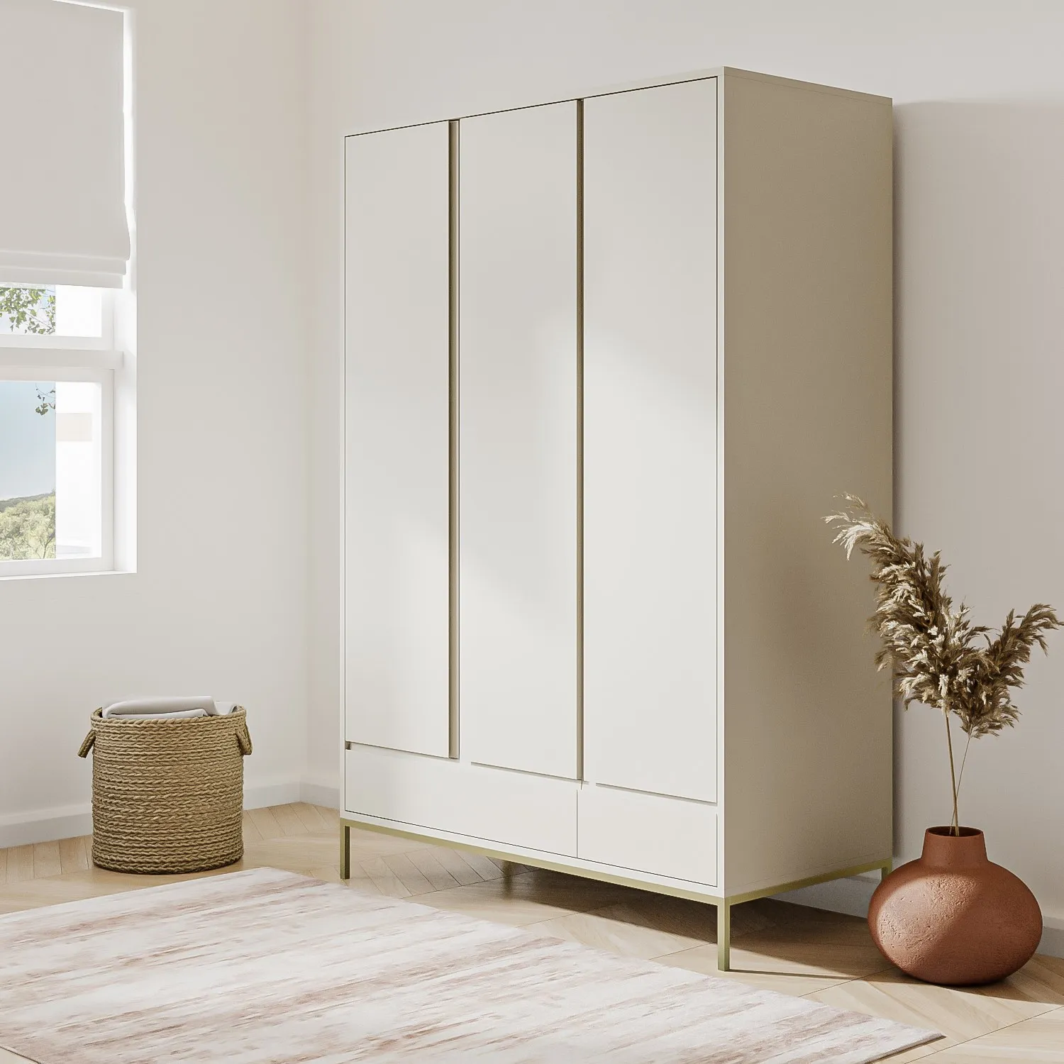 modern-beige-3-door-triple-wardrobe-with-drawers-and-shelves-zion image