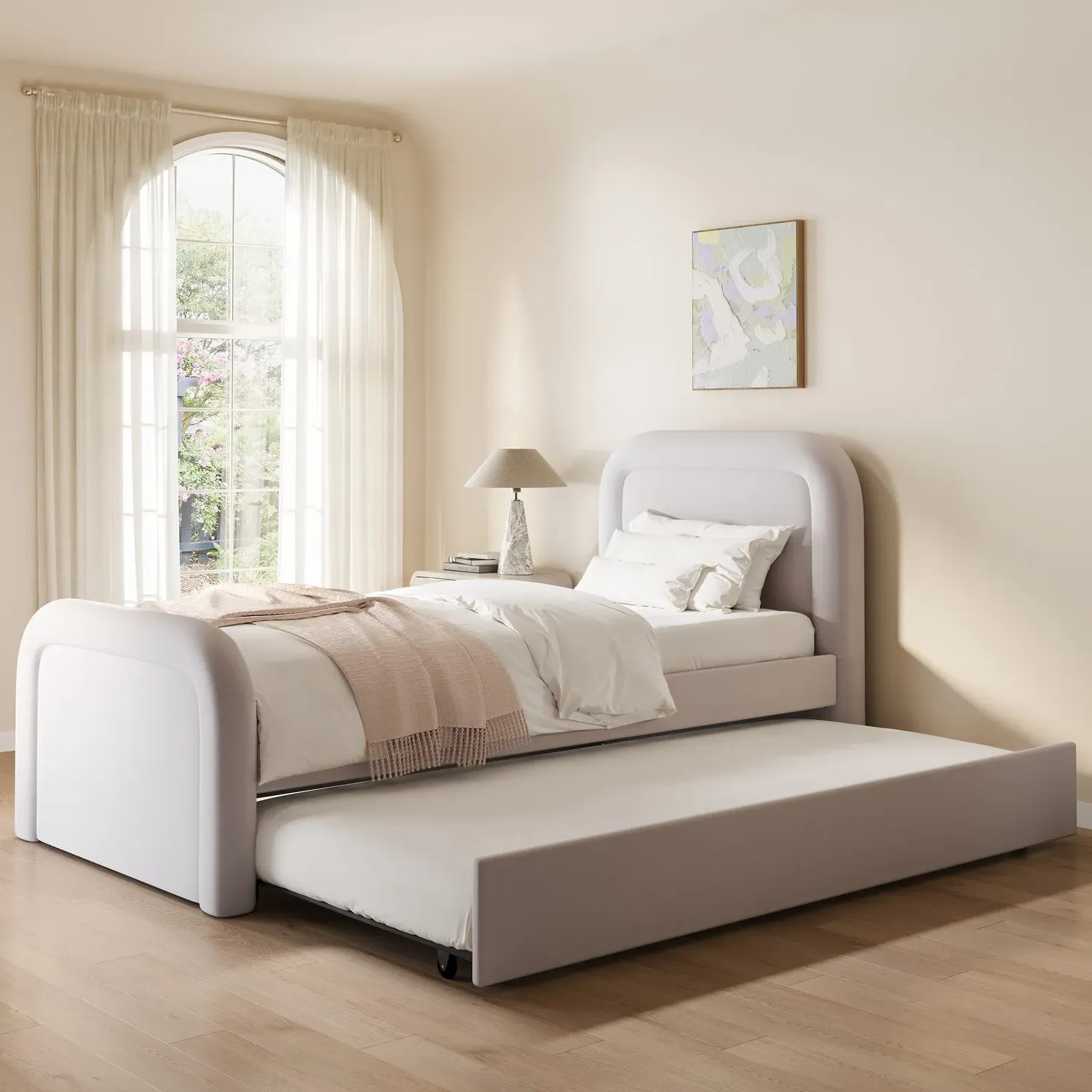 Single Guest Bed with Trundle and Curved Headboard - Lilac, Chenille product