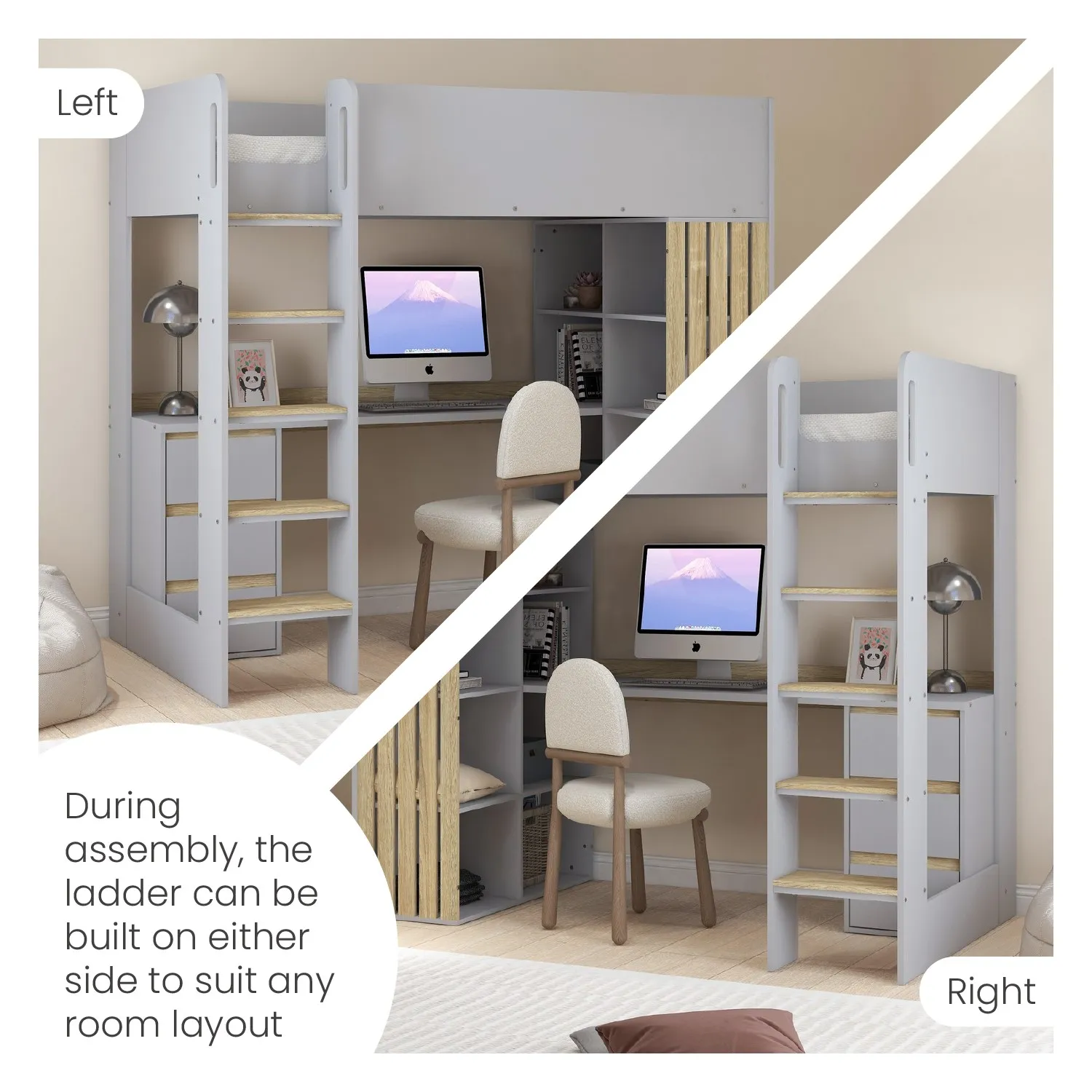High Sleeper Loft Bed with Desk and Storage - Grey, Oak alternate view