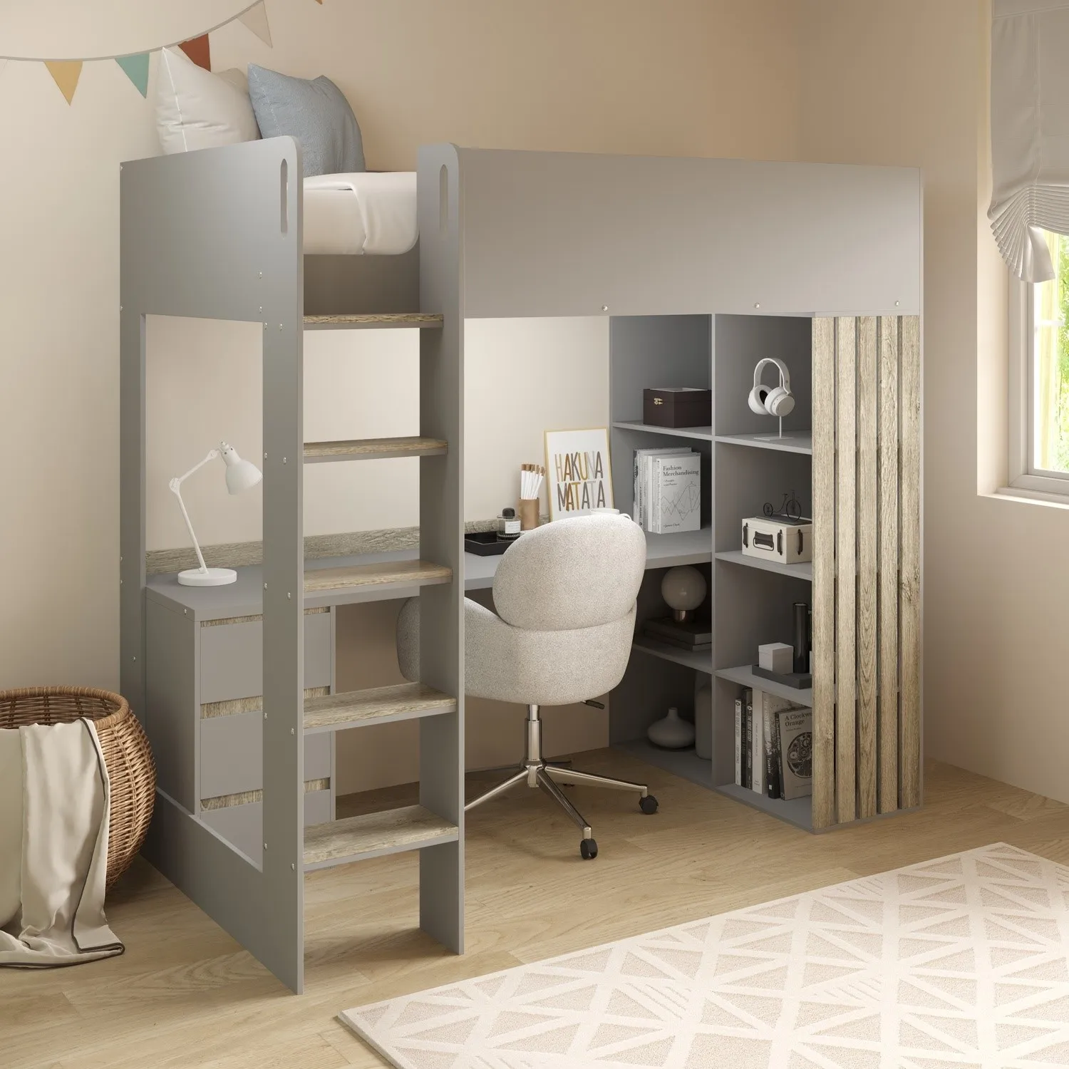 High Sleeper Loft Bed with Desk and Storage - Grey, Oak product