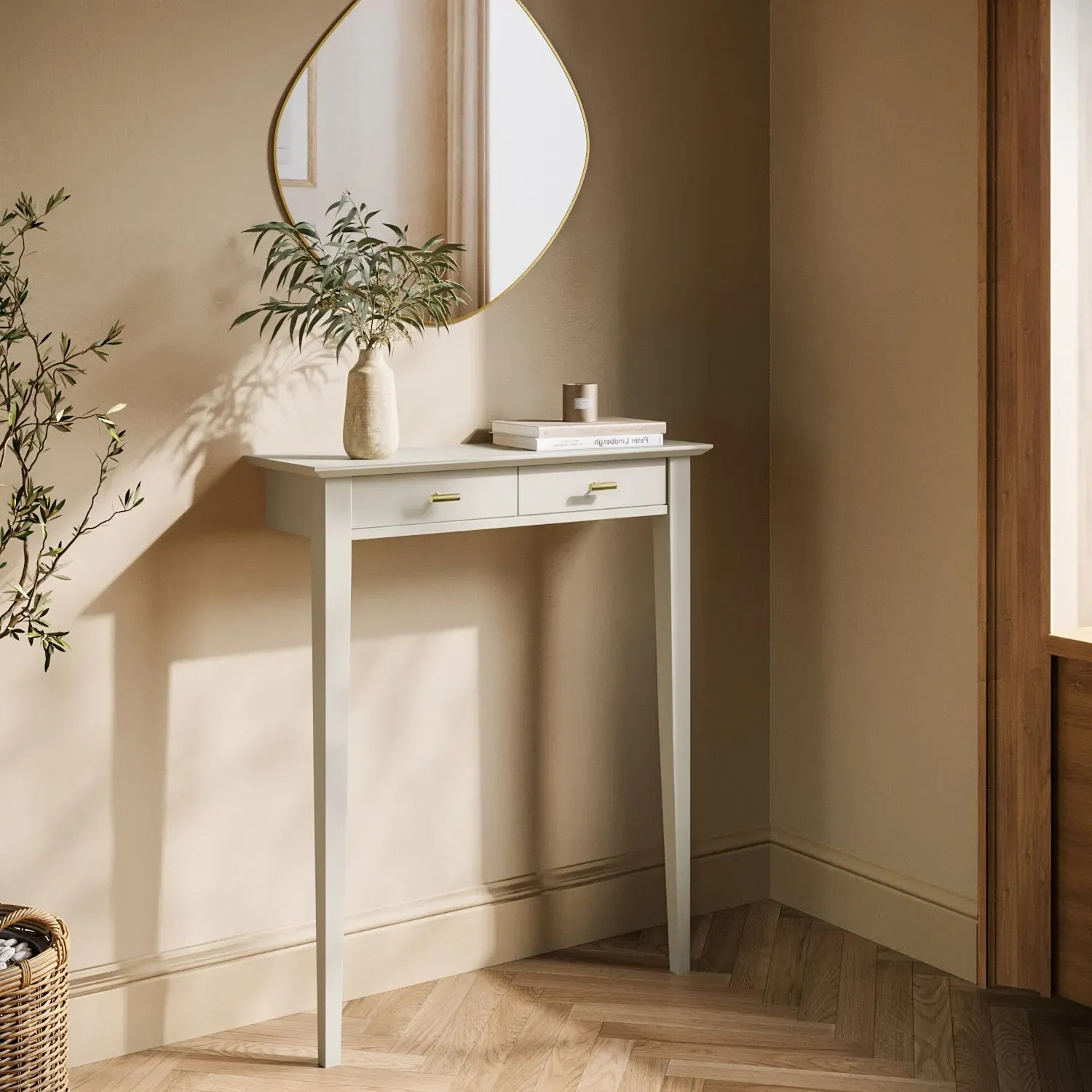 Compact Narrow Console Table with Fluted Detail - Taupe, Rubberwood product