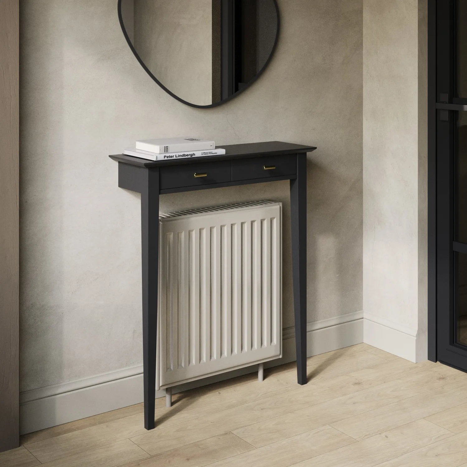 Extra Narrow Radiator Cover with Brass Handles - Black, Rubberwood product