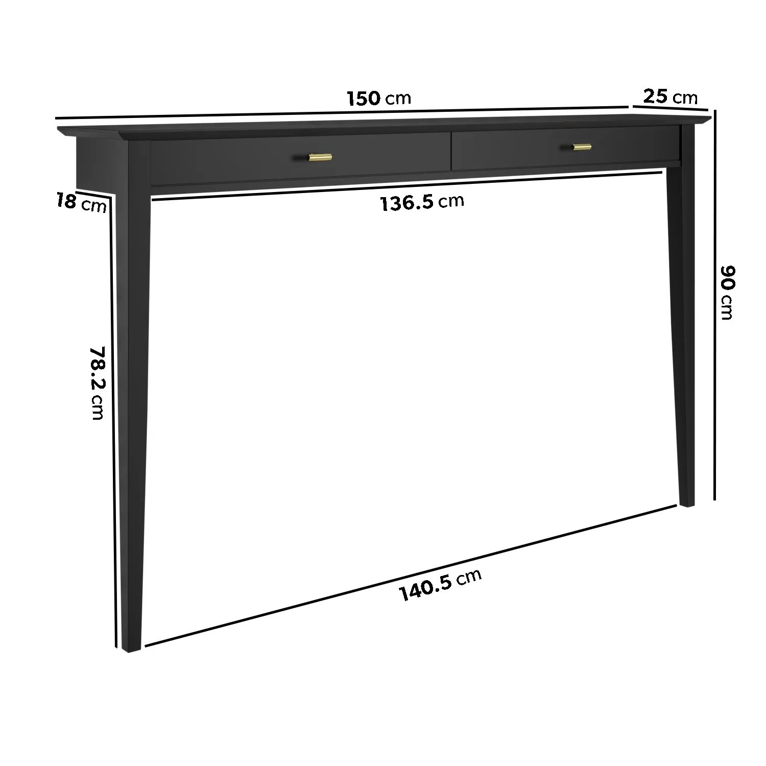 Noa Large Narrow Console Table with Brass Handles - Black, Rubberwood alternate view
