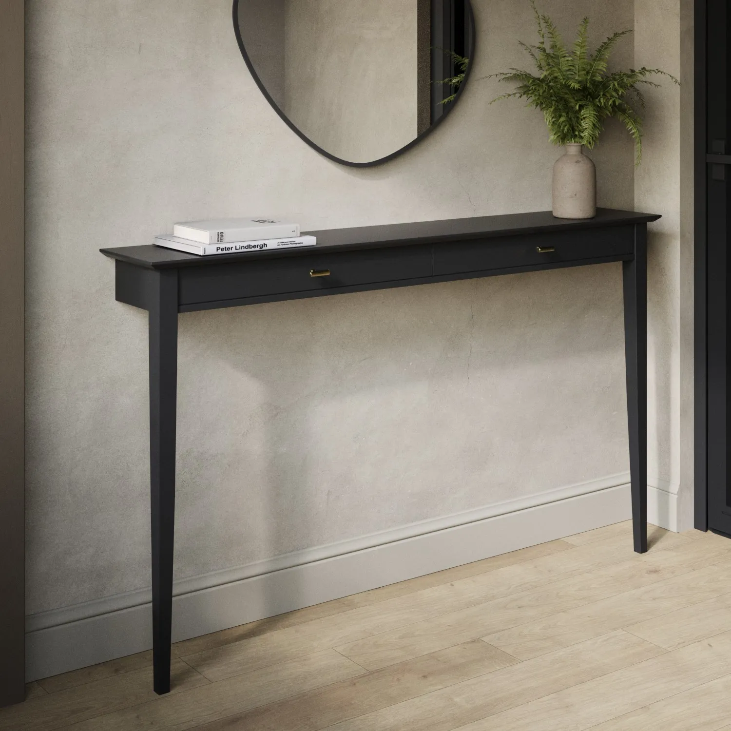 Noa Large Narrow Console Table with Brass Handles - Black, Rubberwood product