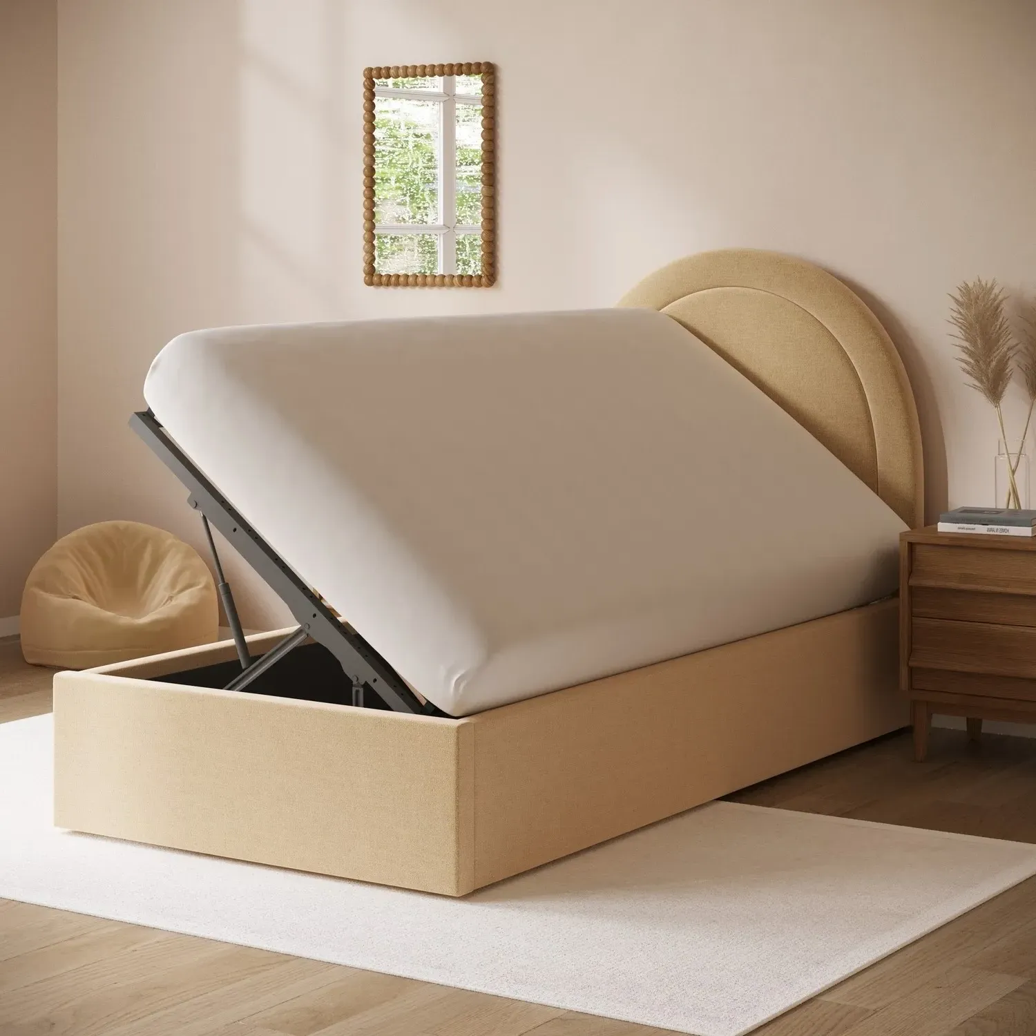 Nora Single Ottoman Bed with Curved Headboard - Butter Yellow, Chenille alternate view