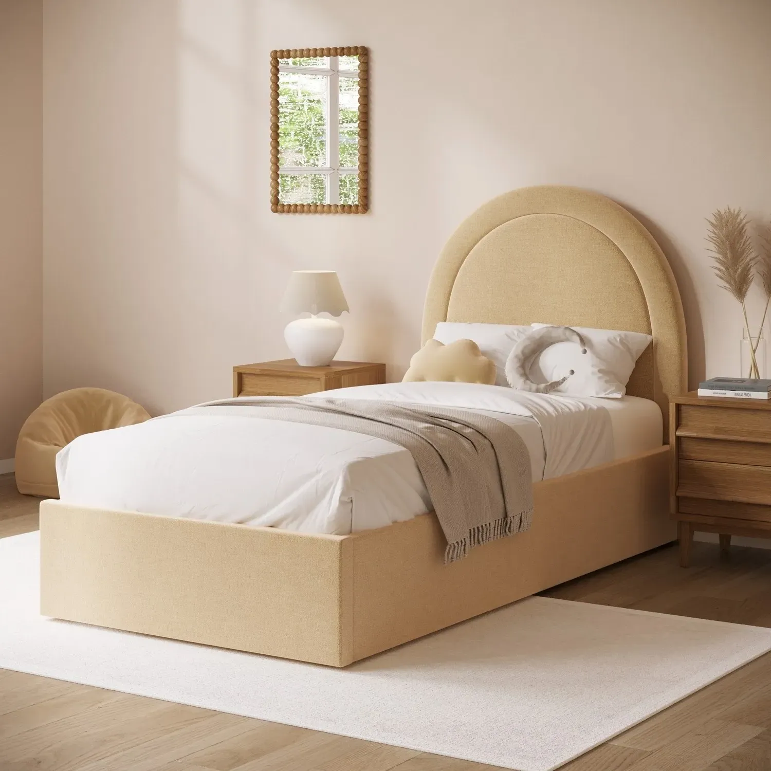 Nora Single Ottoman Bed with Curved Headboard - Butter Yellow, Chenille product