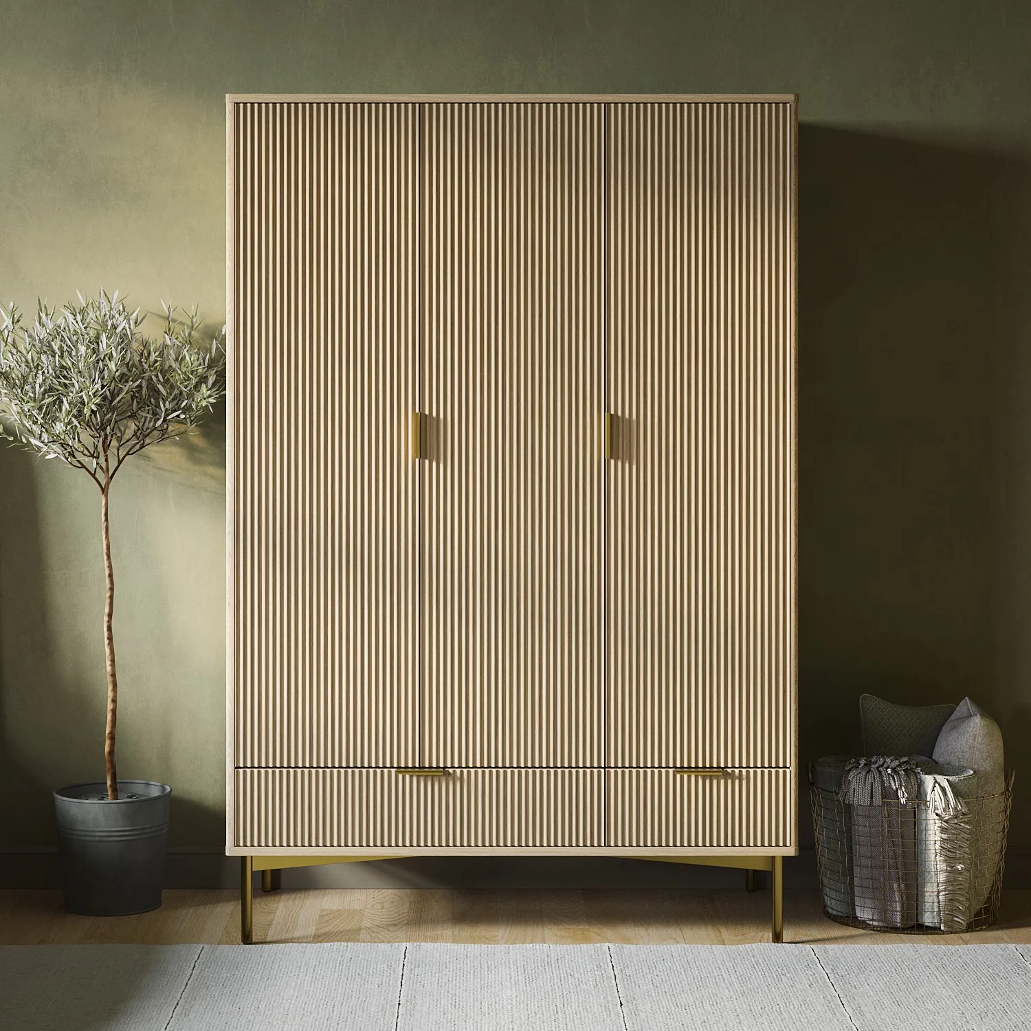 oak-and-gold-ribbed-3-door-wardrobe-with-2-drawers-valencia image