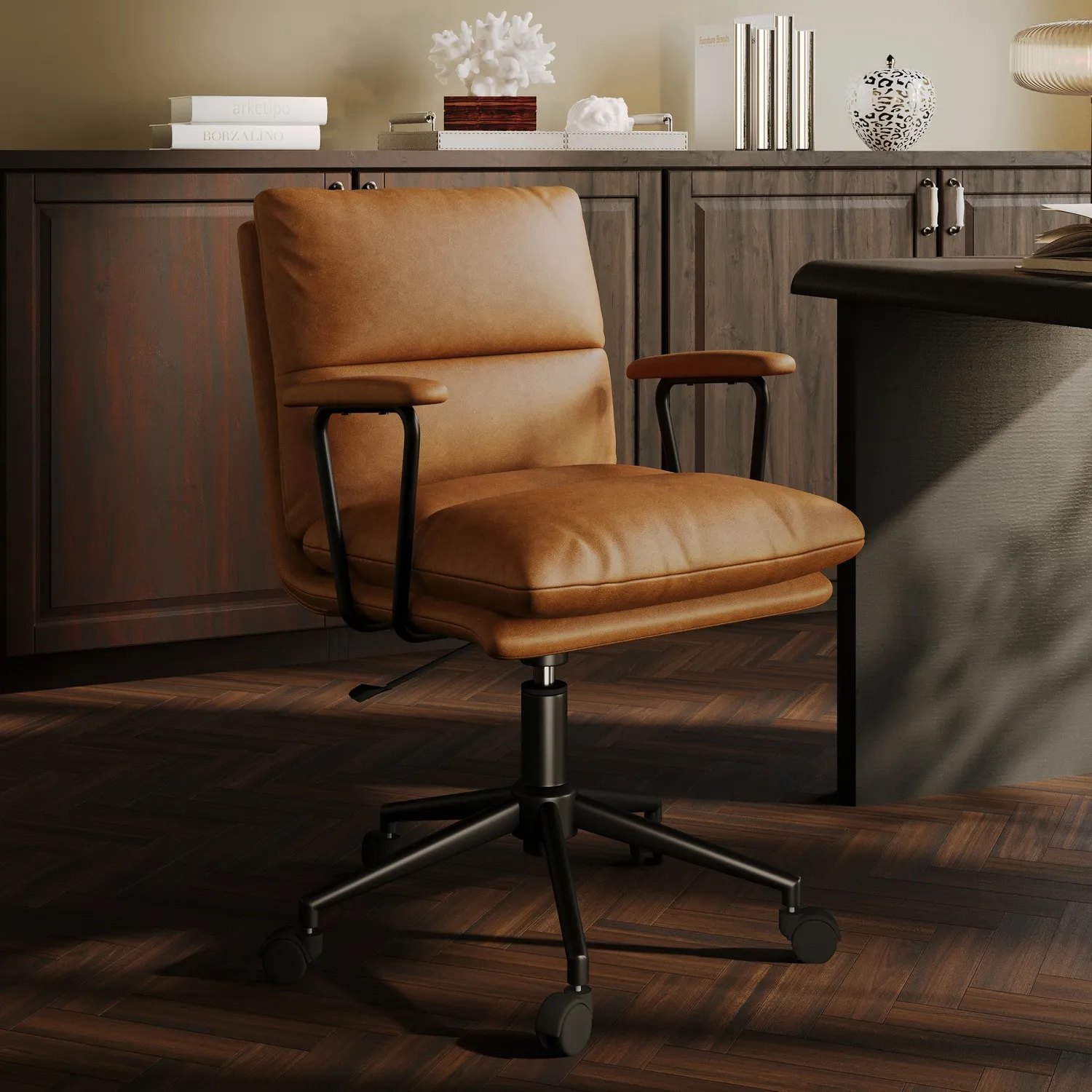 Swivel Office Chair with Armrests - Tan, Faux Leather product