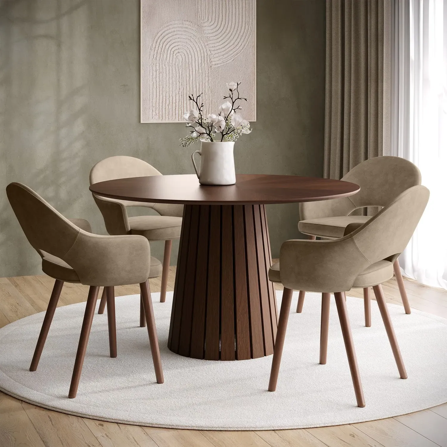 Colbie Round Dining Table Set with 4 Chairs - Beige, Walnut product