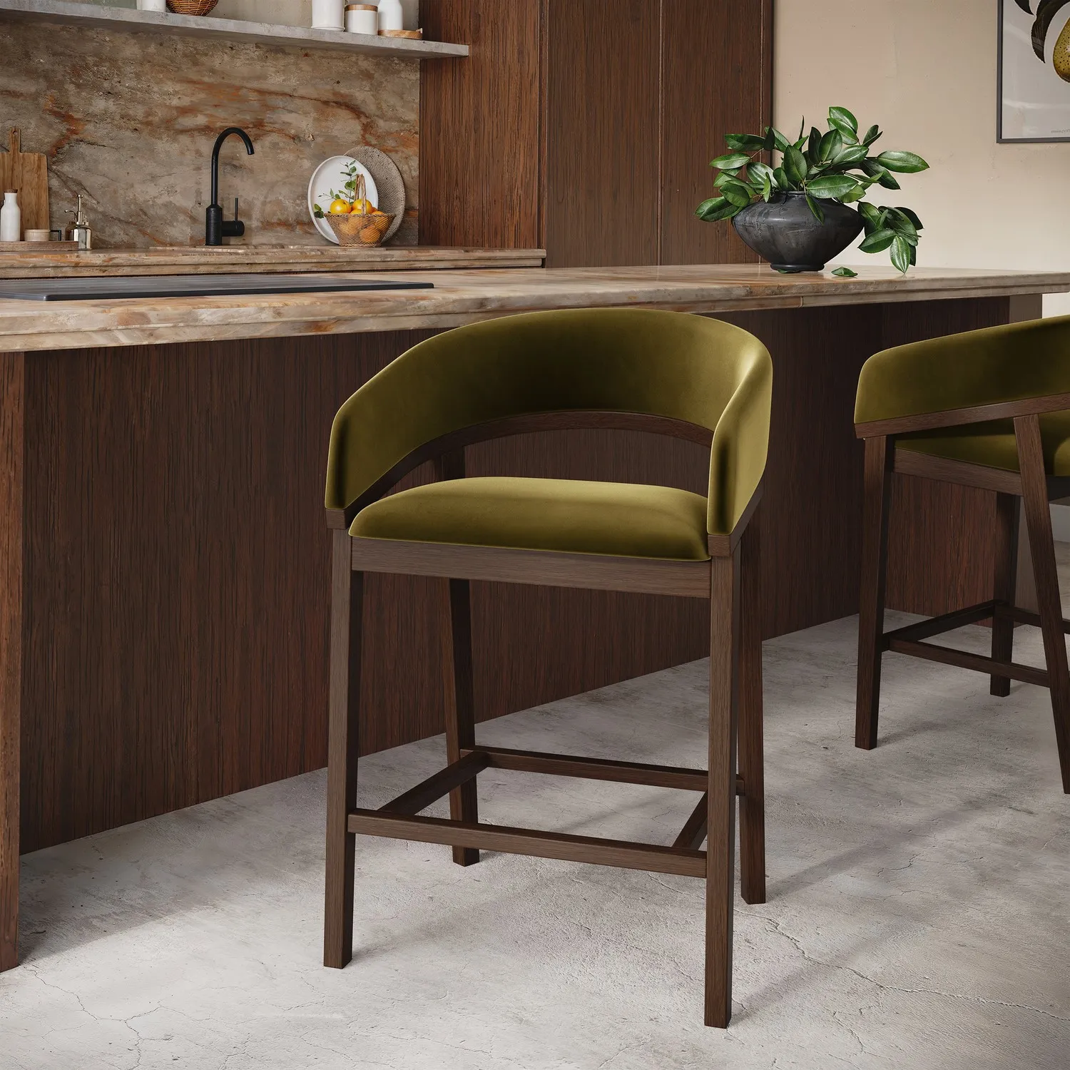 Curved Kitchen Stool with Back - Olive Green, Velvet product