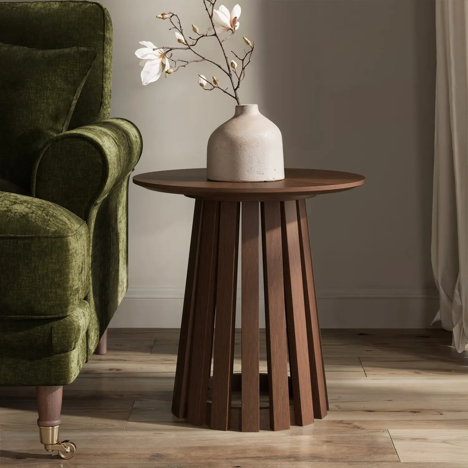 Owen Round Side Table with Slatted Pedestal Base - Walnut product