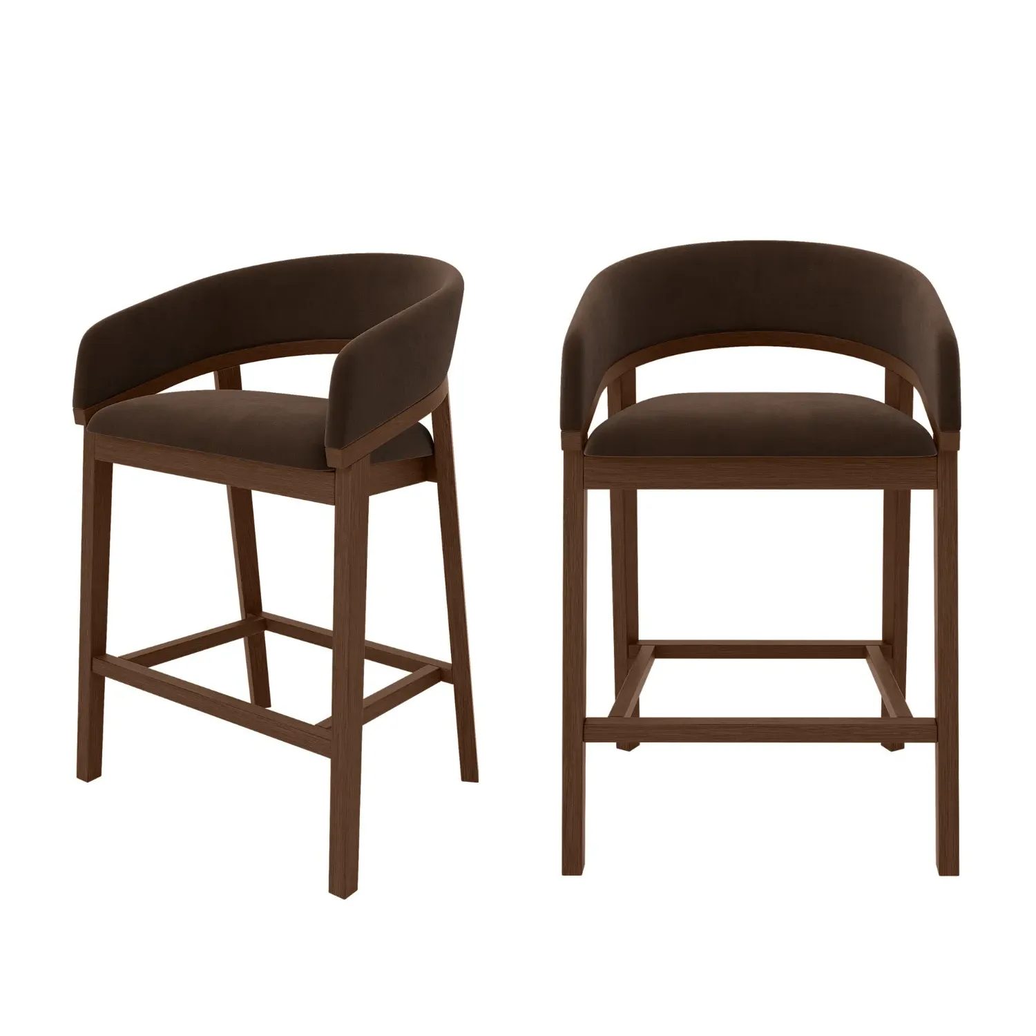Set of 2 Curved Bar Stools with Back - Brown, Velvet alternate view