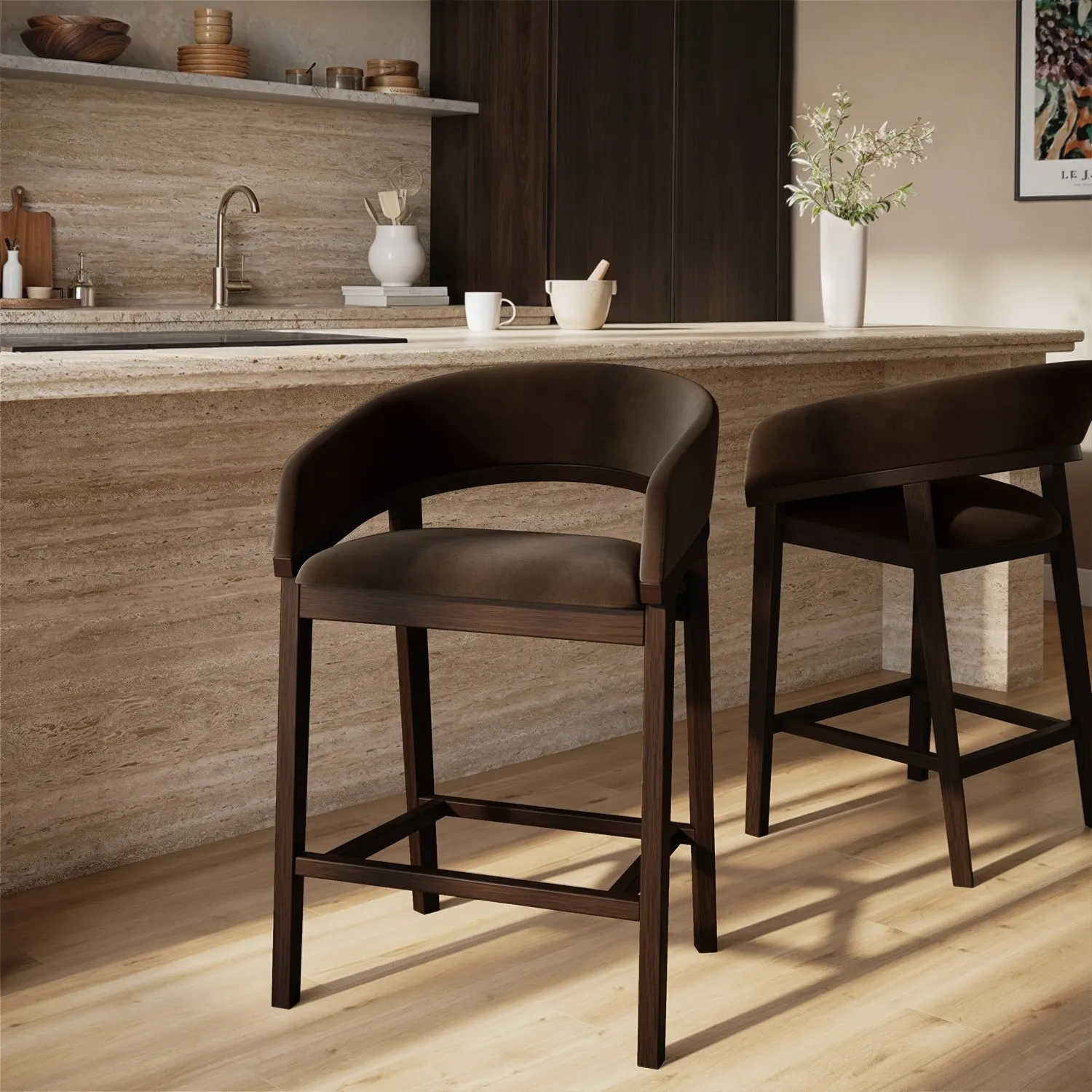 Set of 2 Curved Bar Stools with Back - Brown, Velvet product