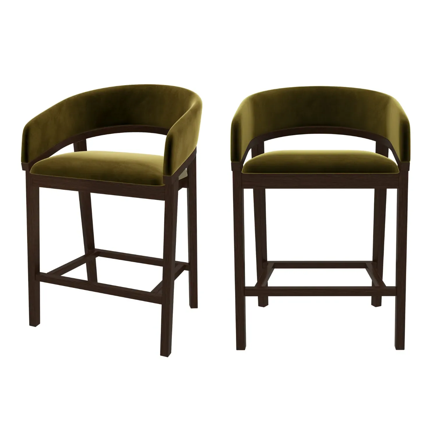 Set of 2 Curved Bar Stools with Cut-Out Back - Olive Green, Velvet alternate view
