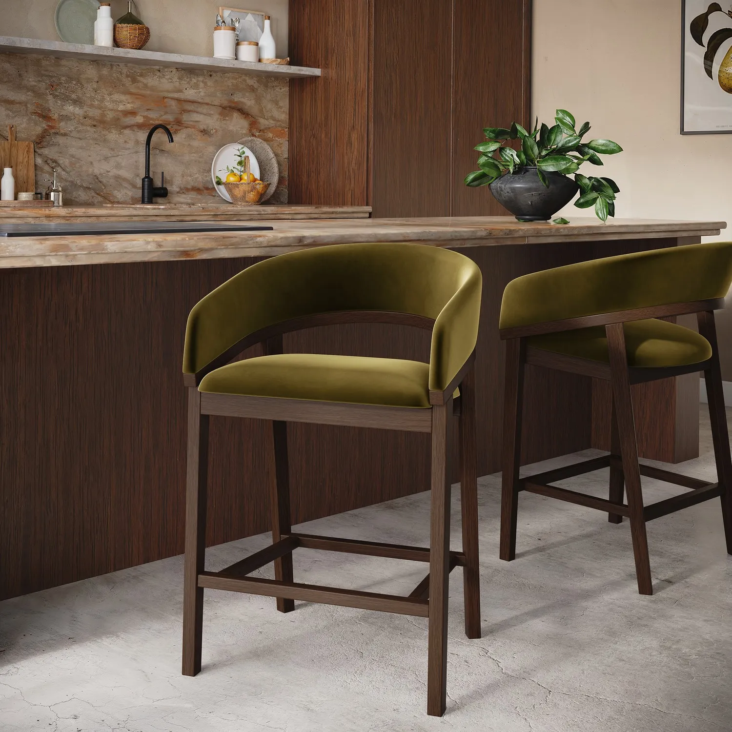 Set of 2 Curved Bar Stools with Cut-Out Back - Olive Green, Velvet product