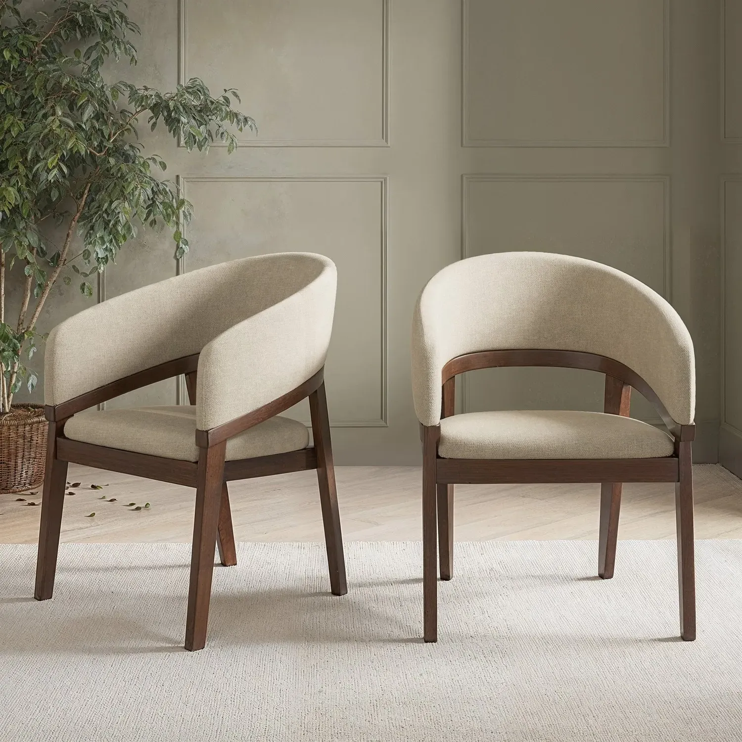 Set of 2 Curved Dining Chairs with Cut-Out Detail - Beige, Chenille product