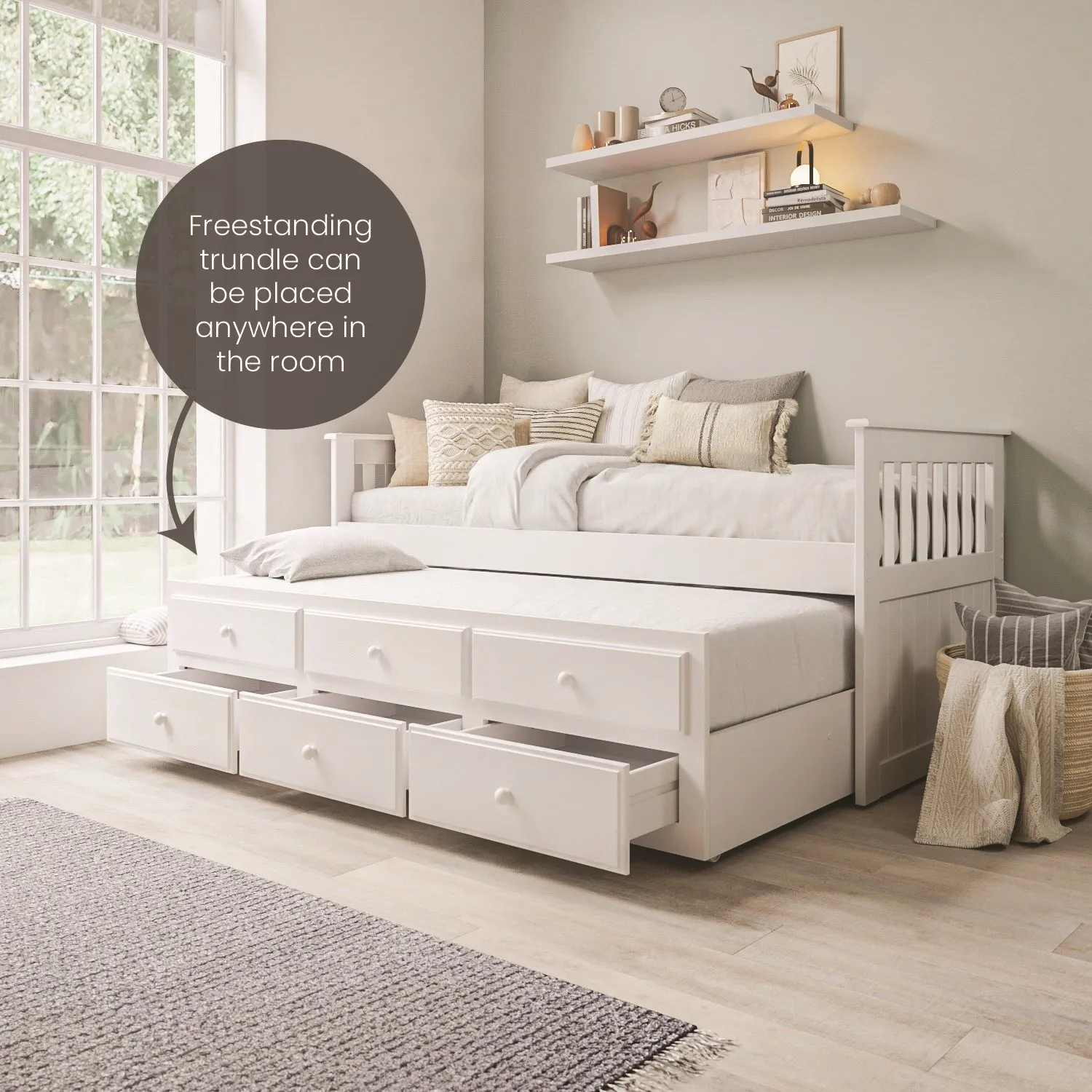 Oxford Single Bed with Trundle and 3 Drawers - White, Solid Pine alternate view