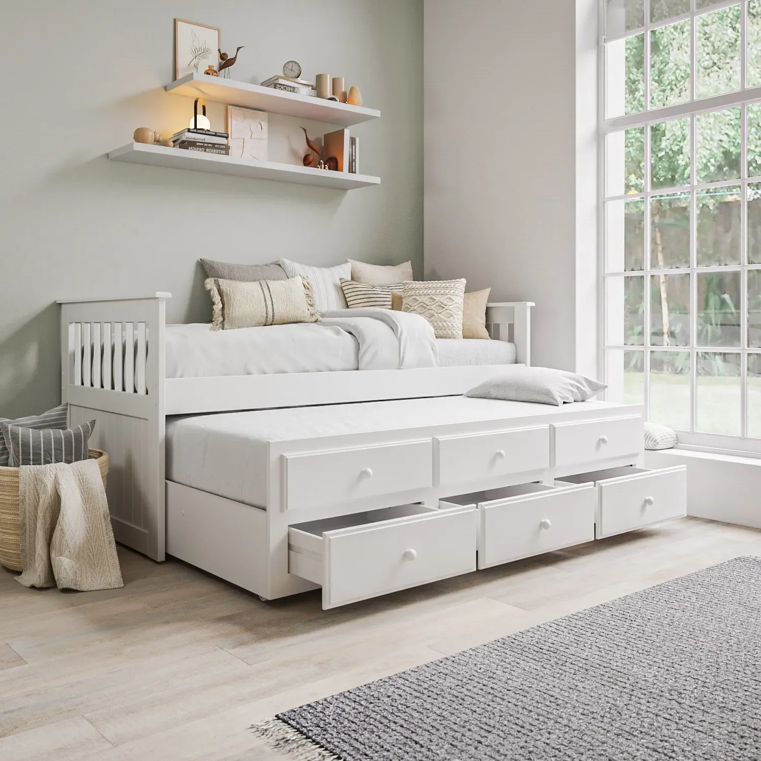 Oxford Single Bed with Trundle and 3 Drawers - White, Solid Pine product