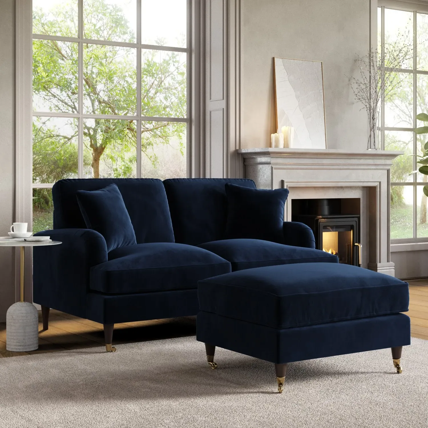 2-Seater Sofa and Footstool Set - Navy, Velvet product