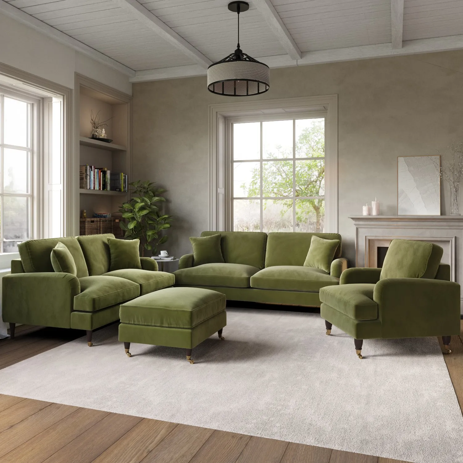 3-Piece Sofa Set with Gold Castor Legs - Olive Green, Velvet product