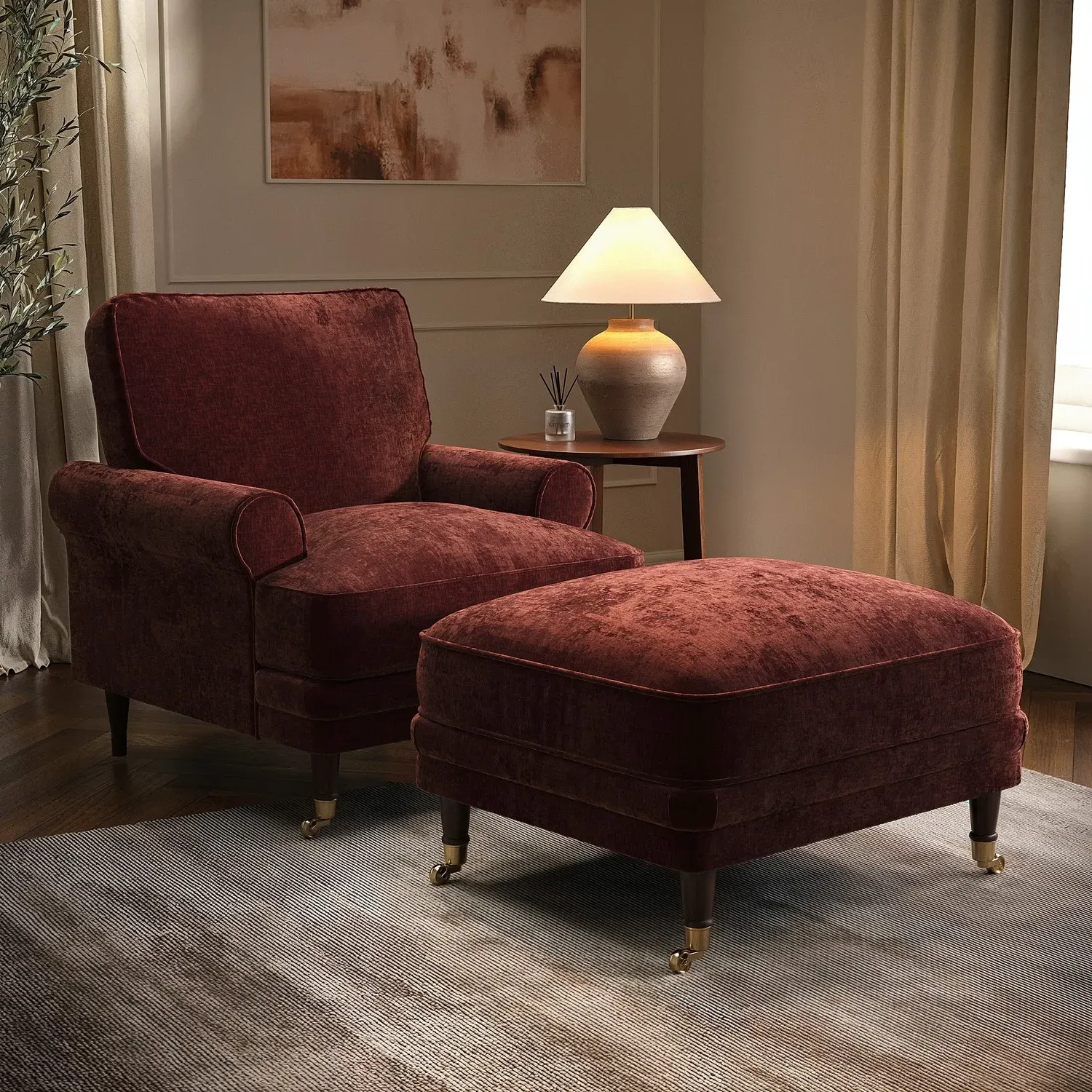Payton Heritage Feather-Filled Footstool - Berry Brown, Chenille alternate view