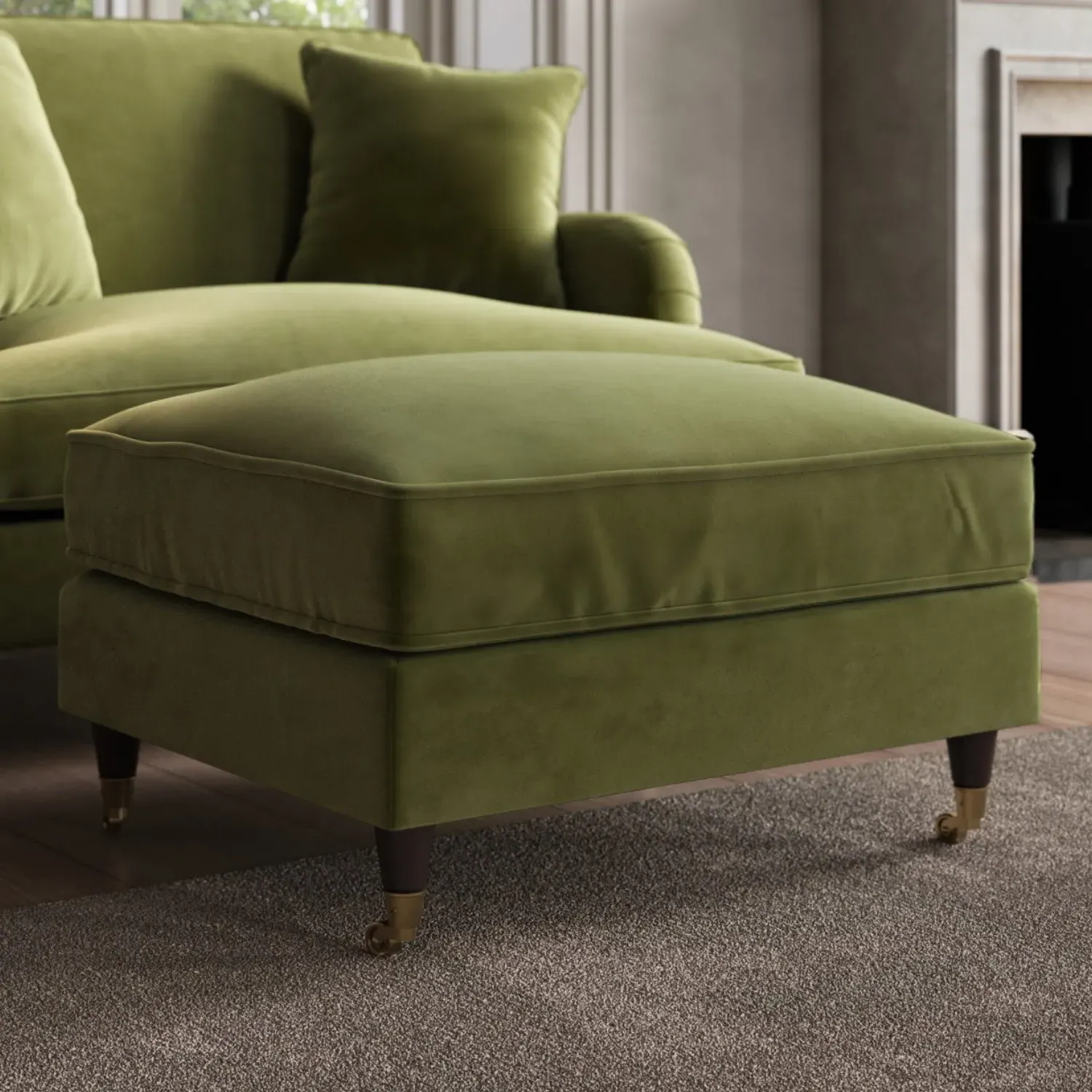 Large Footstool with Castors - Olive Green, Velvet product