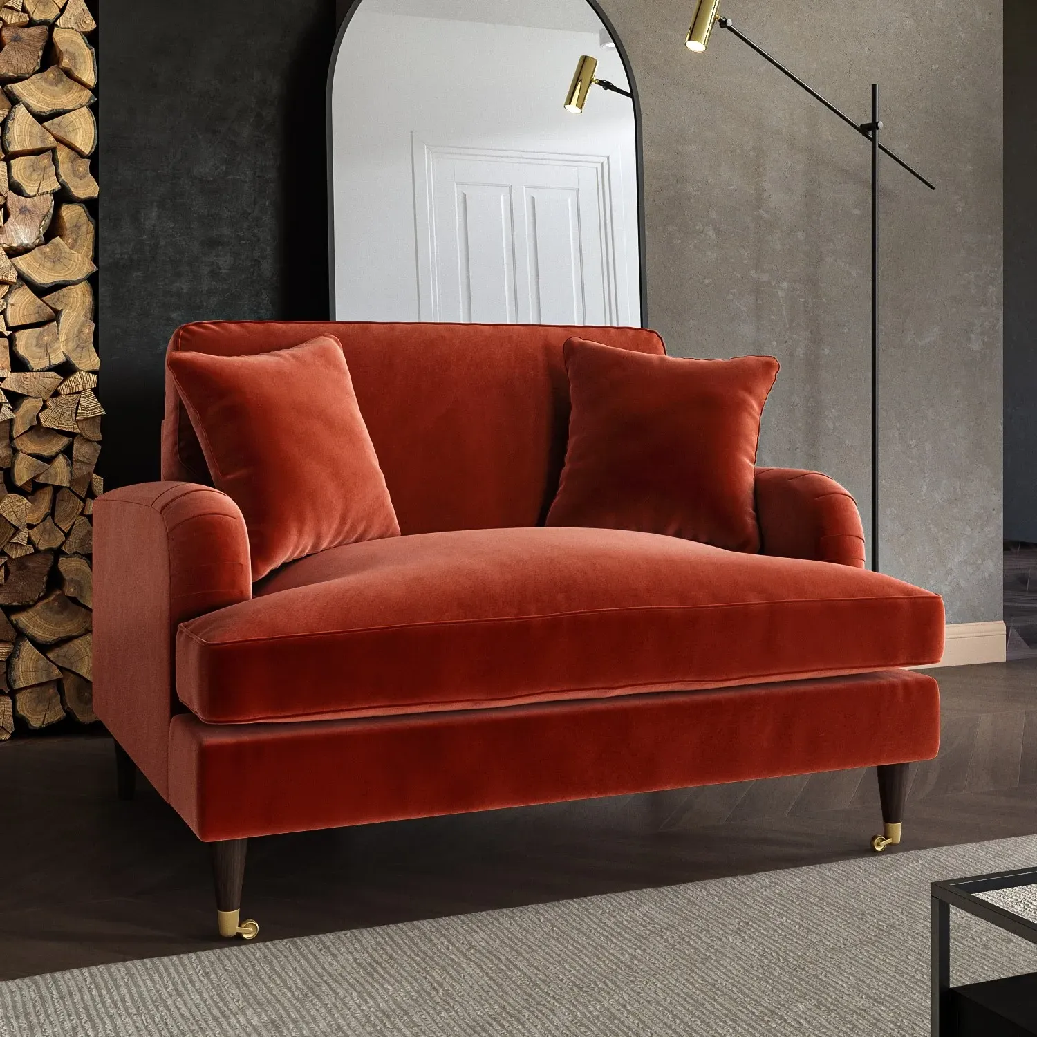 Payton 2-Seater Love Seat with Castors - Orange, Velvet alternate view