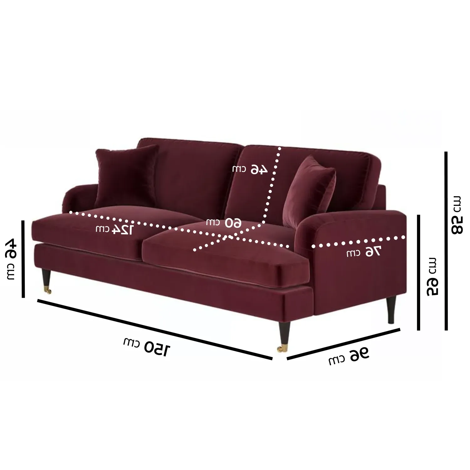 Payton 2-Seater Sofa with Castors - Burgundy, Velvet alternate view